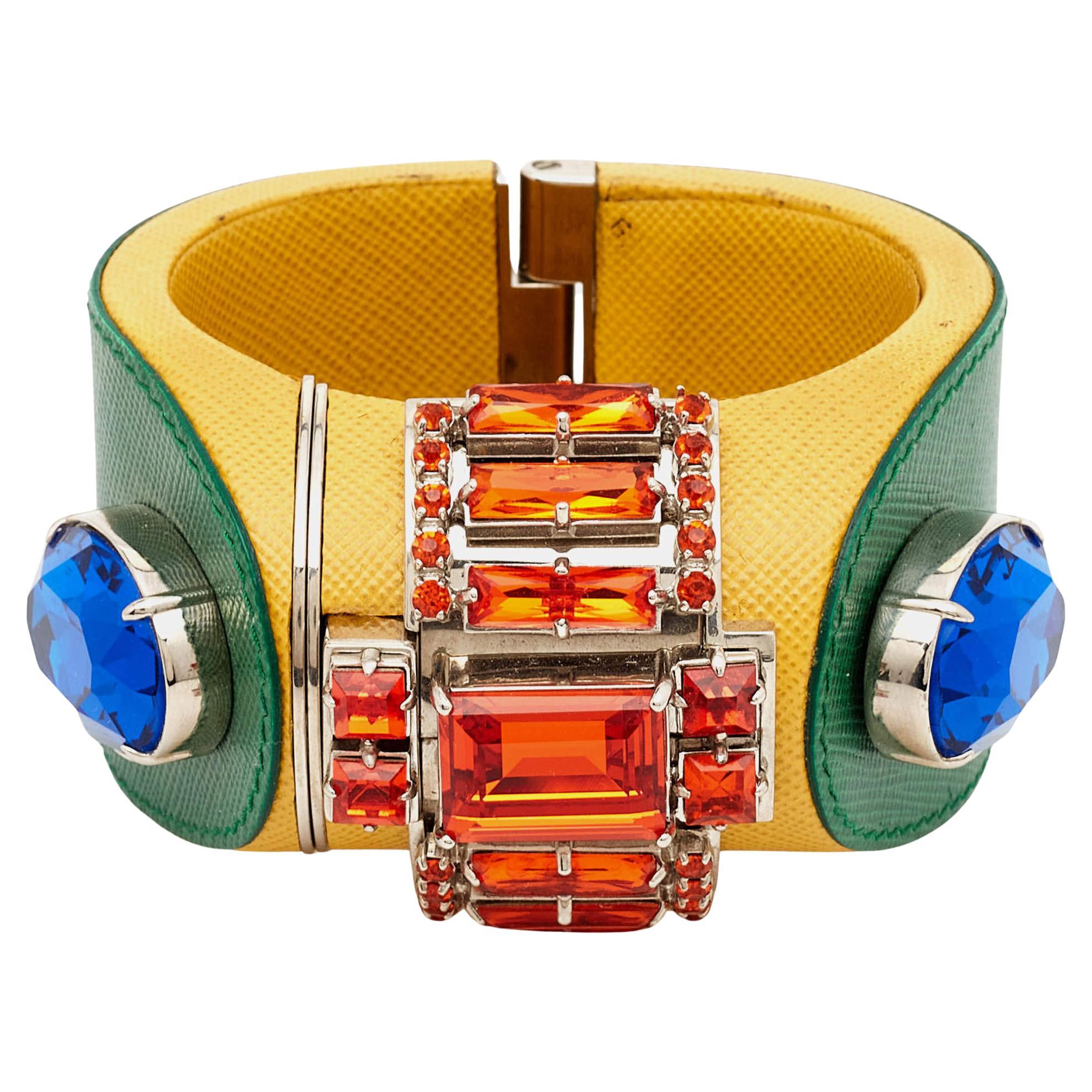Prada - Bracelet en cuir saffiano et cristal argenté en vente