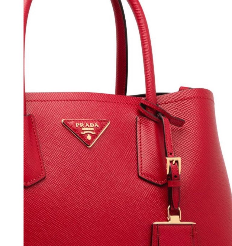 NEW! 2016 Medium Saffiano Cuir Leather Double Prada Bag, Black/Fiery Red,  1BG756