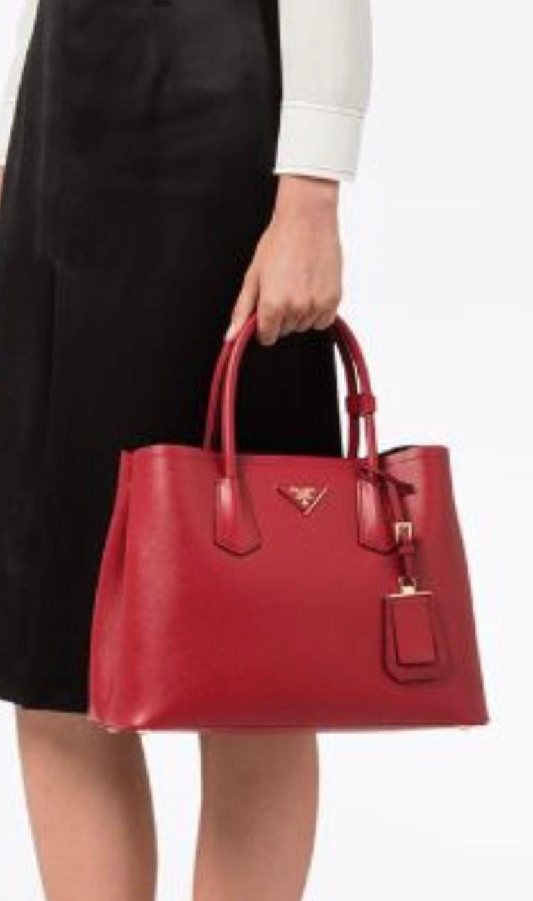 Prada Saffiano Cuir Double Bag, Red (Fuoco), Brand New at 1stDibs | prada  red bag, prada red tote bag, prada red