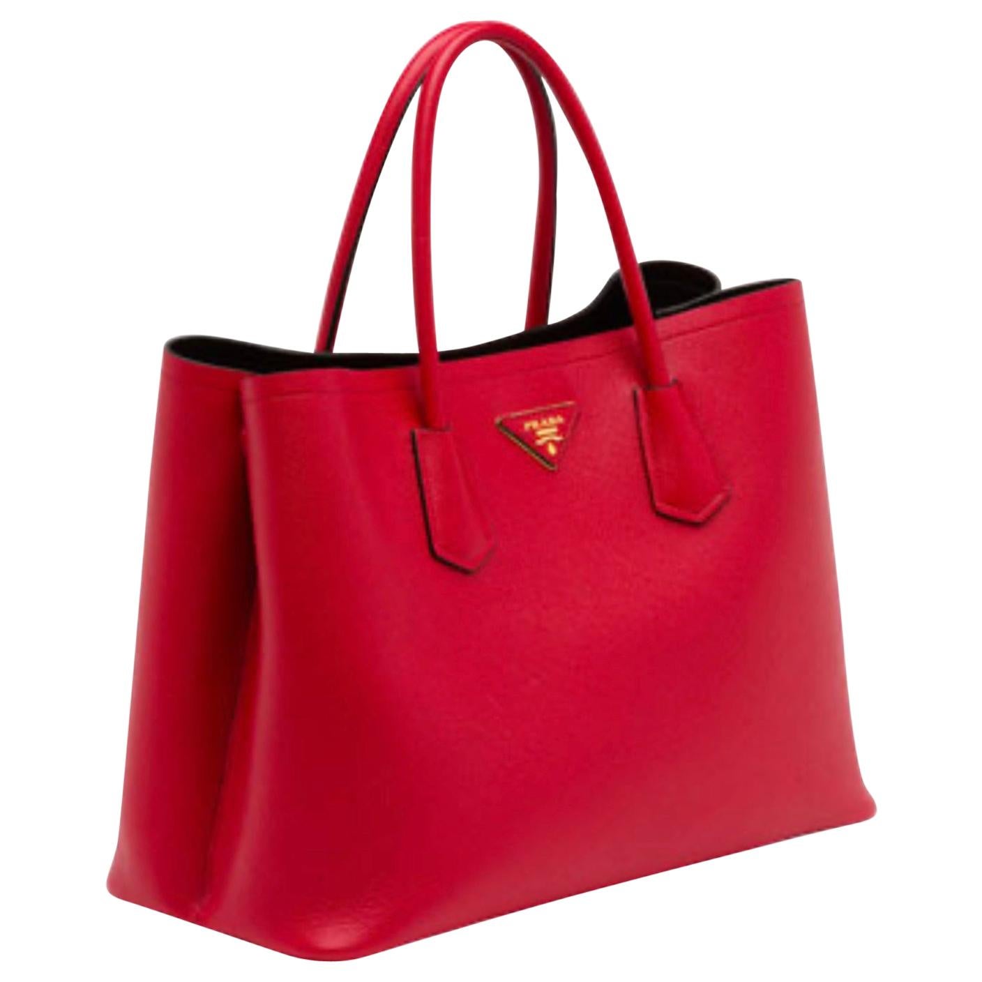 Prada Saffiano Cuir Double Bag, Red (Fuoco), Brand New at 1stDibs | prada  red bag, prada red tote bag, prada red