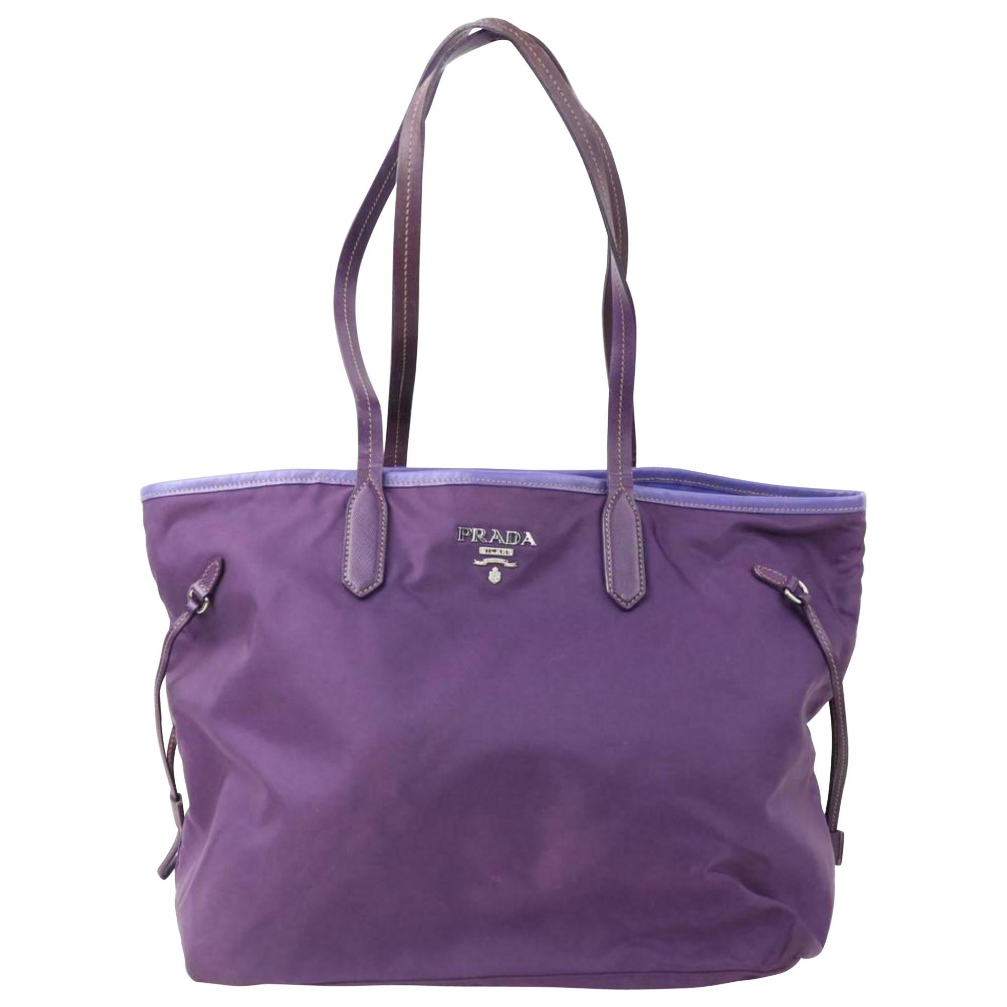 Prada Saffiano Handle Shopper Tote 870641 Purple Nylon Shoulder Bag For Sale