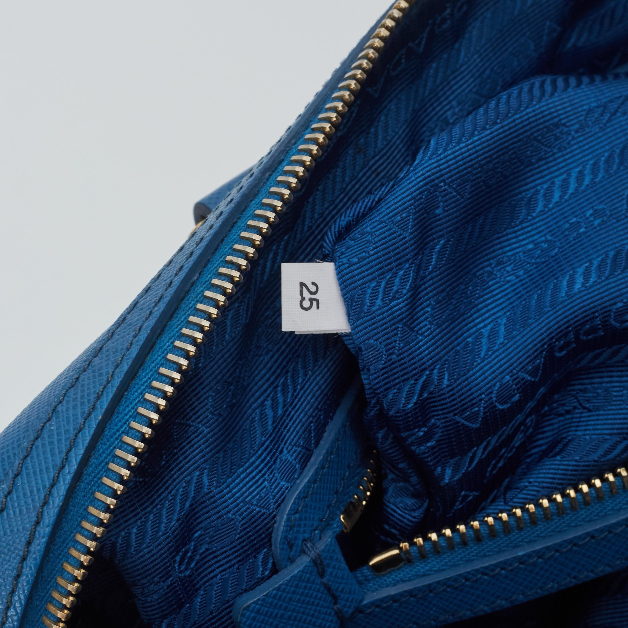 Prada Saffiano Leather Blue Bauletto Boston Bag Round For Sale 6