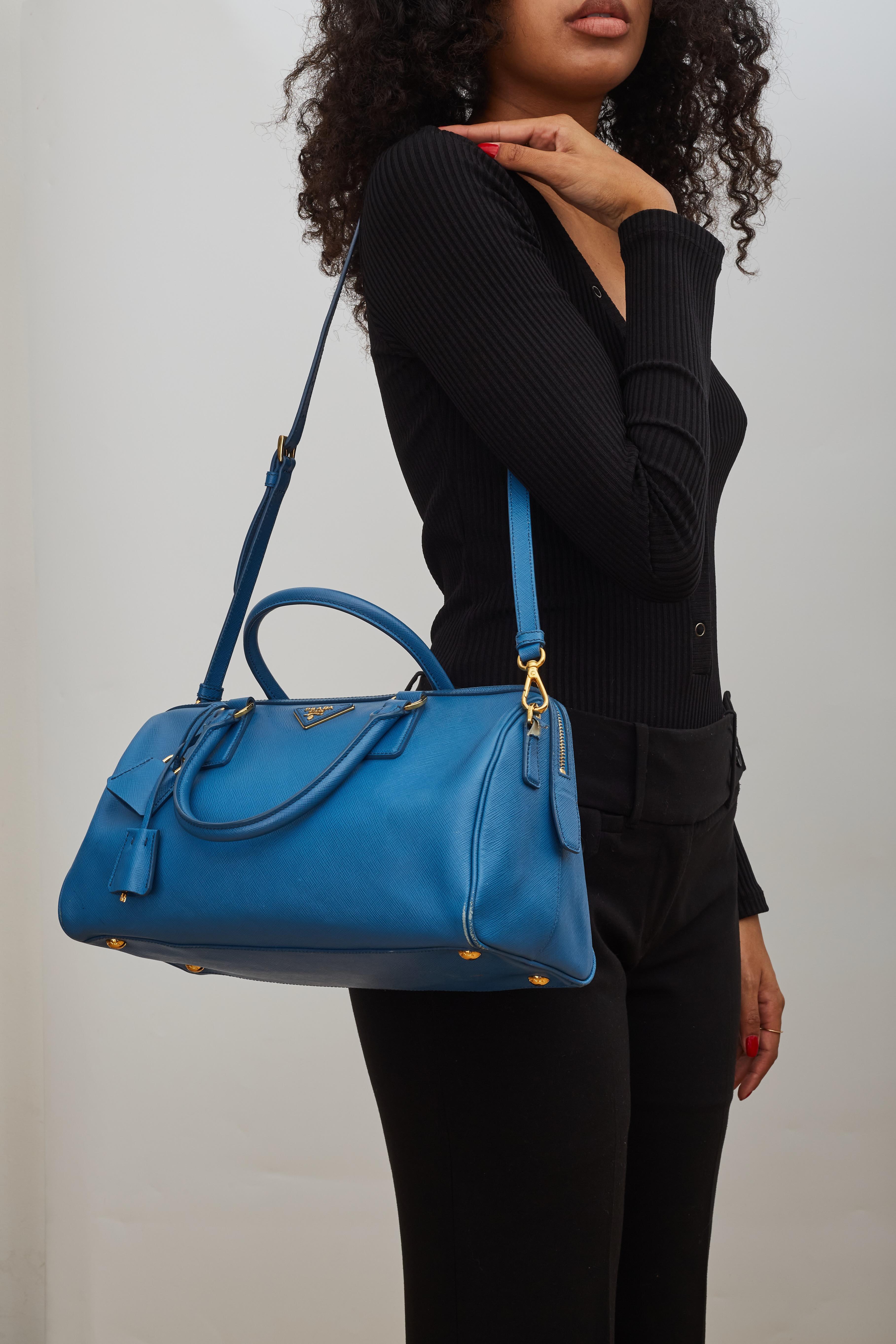 Prada Saffiano Leather Blue Bauletto Boston Bag Round For Sale 8