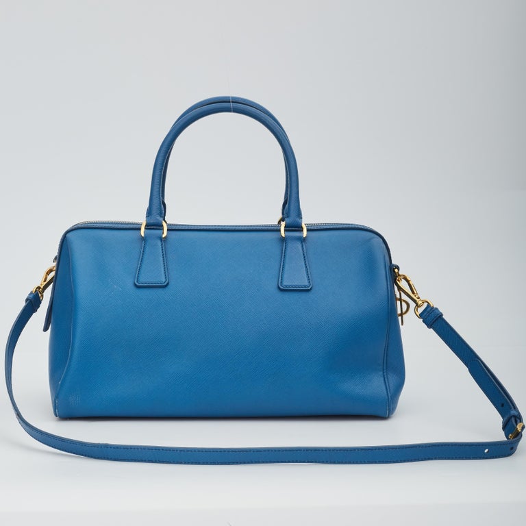 Prada Saffiano Leather Blue Bauletto Boston Bag Round For Sale at 1stDibs