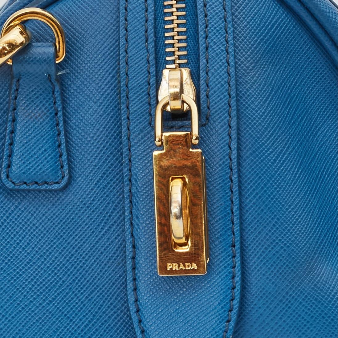 Women's Prada Saffiano Leather Blue Bauletto Boston Bag Round For Sale