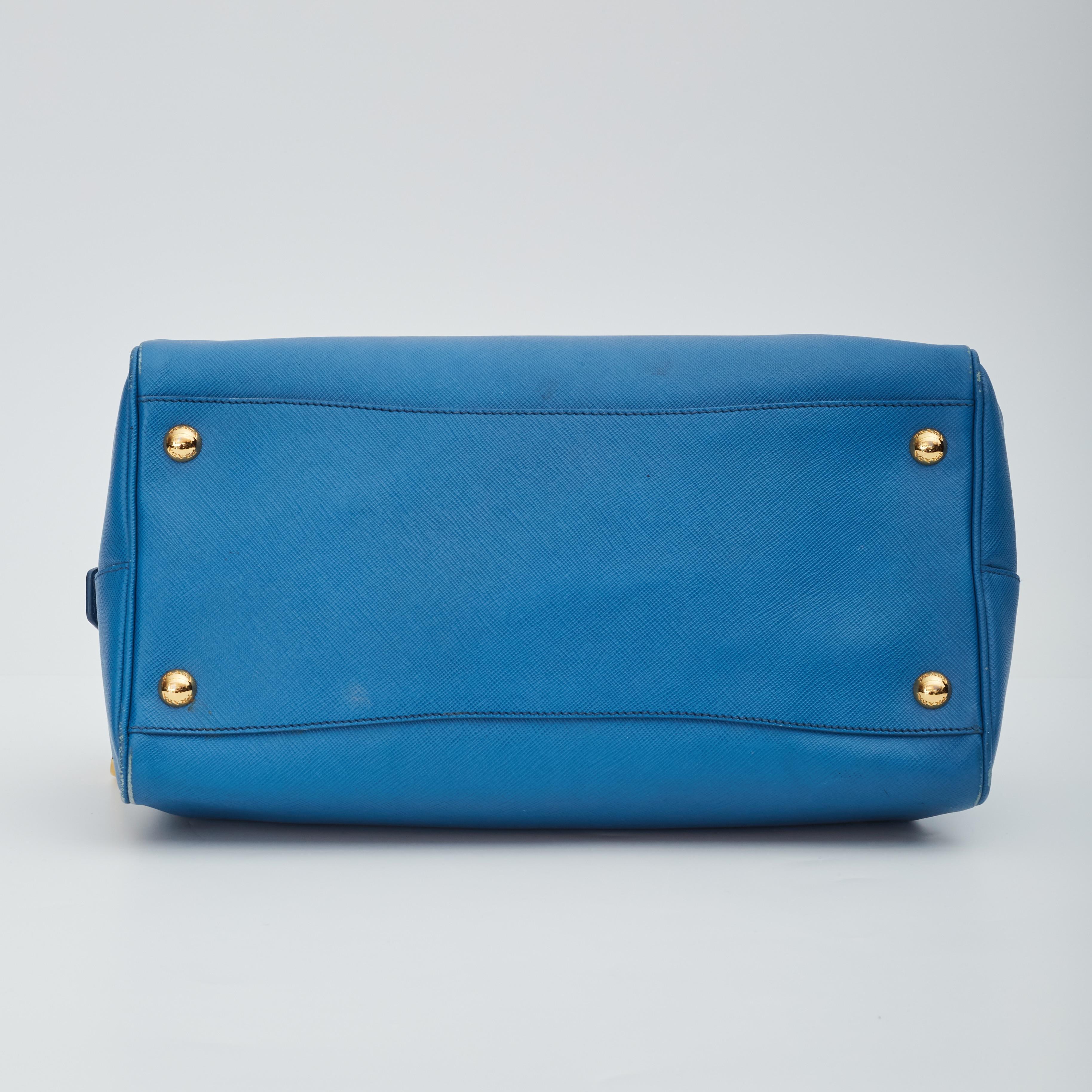 Prada Saffiano Leather Blue Bauletto Boston Bag Round For Sale 1