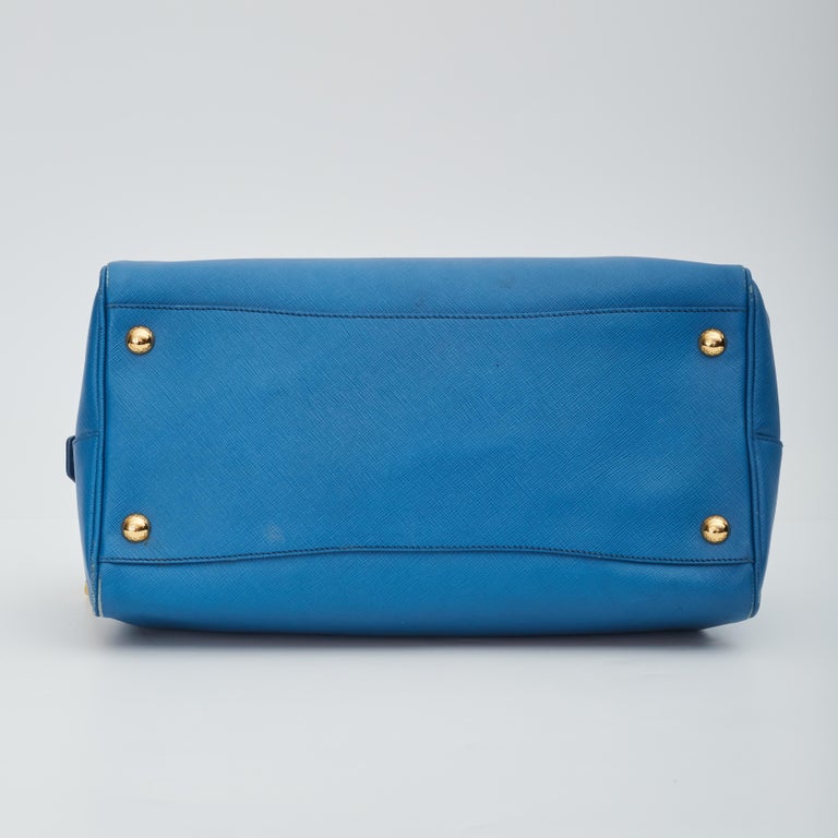 Prada Saffiano Leather Blue Bauletto Boston Bag Round For Sale at 1stDibs