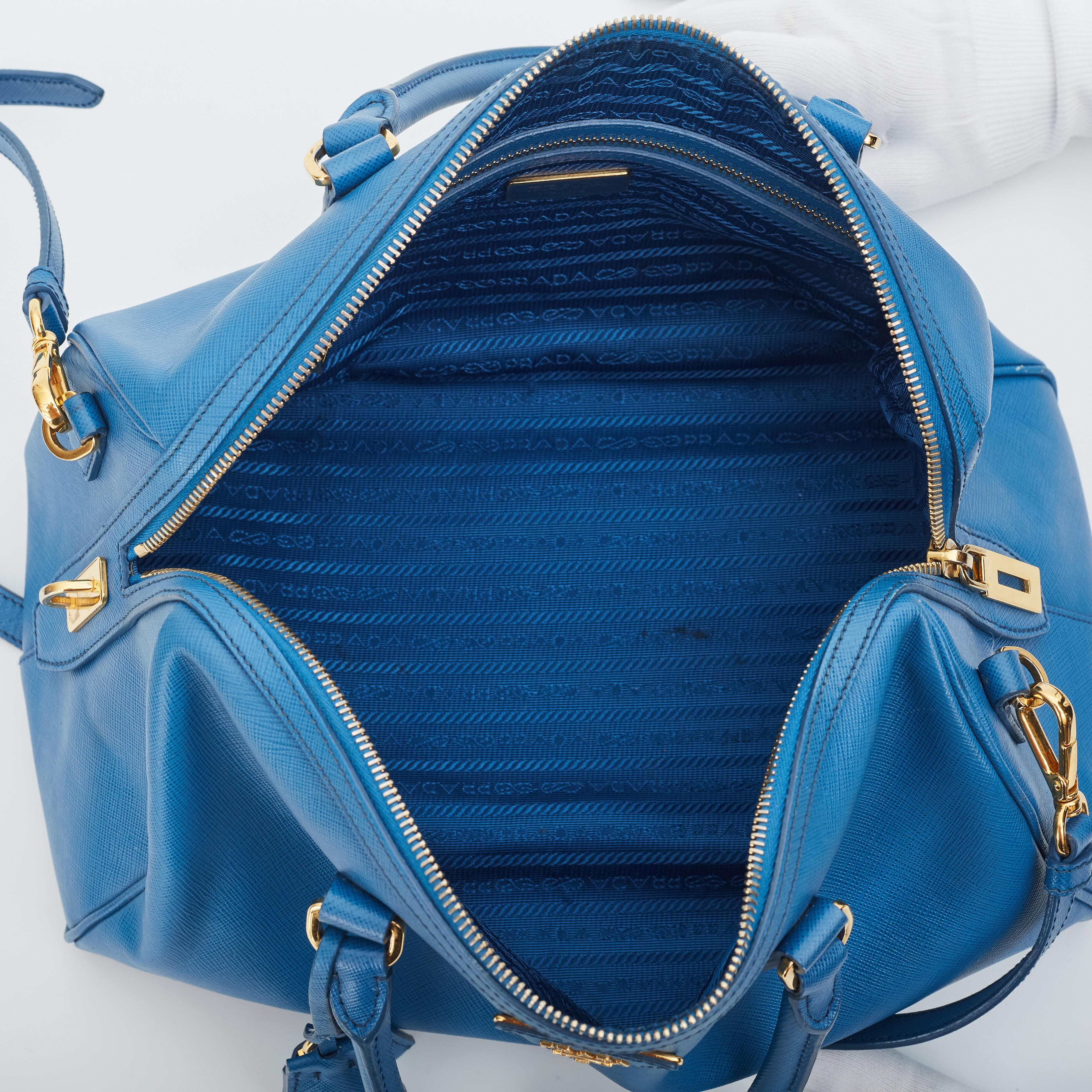 Prada Saffiano Leather Blue Bauletto Boston Bag Round For Sale 2