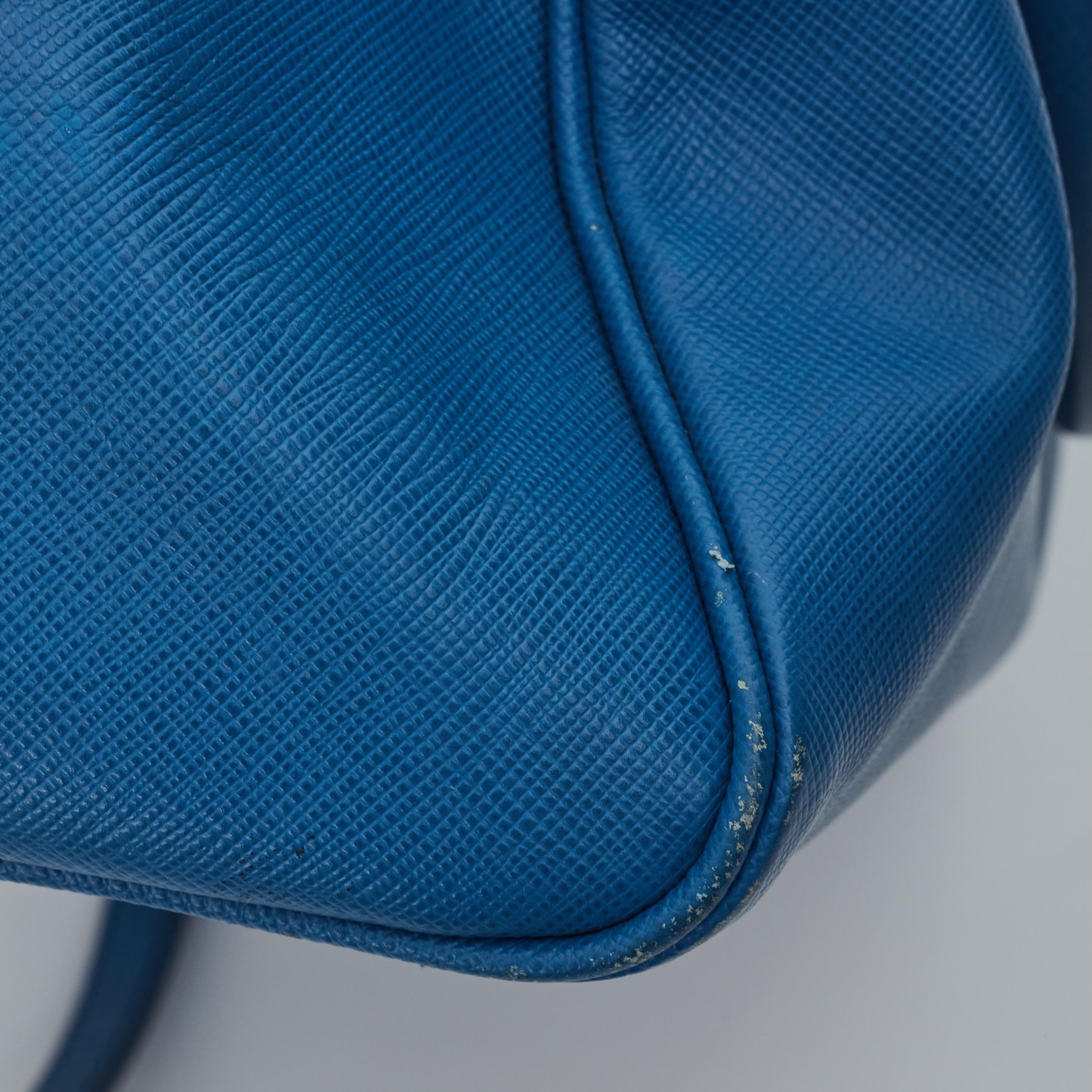 Prada Saffiano Leather Blue Bauletto Boston Bag Round For Sale 4