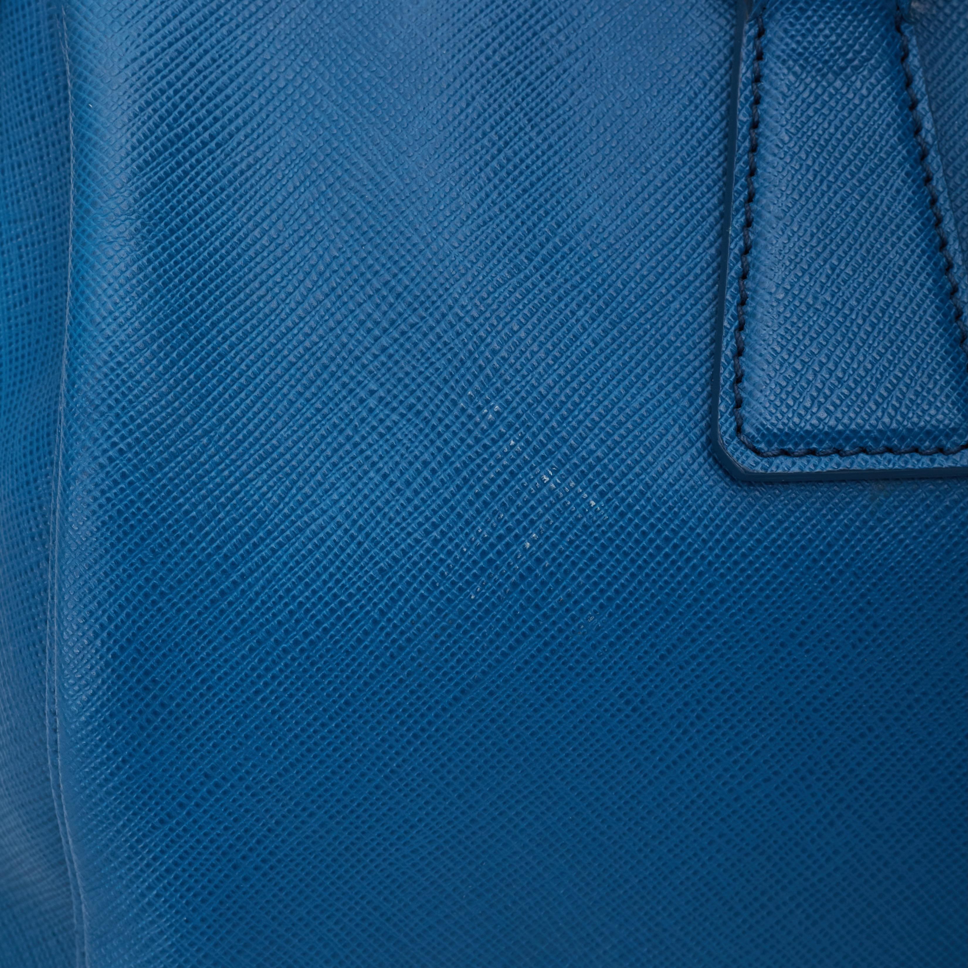 Prada Saffiano Leather Blue Bauletto Boston Bag Round For Sale 5