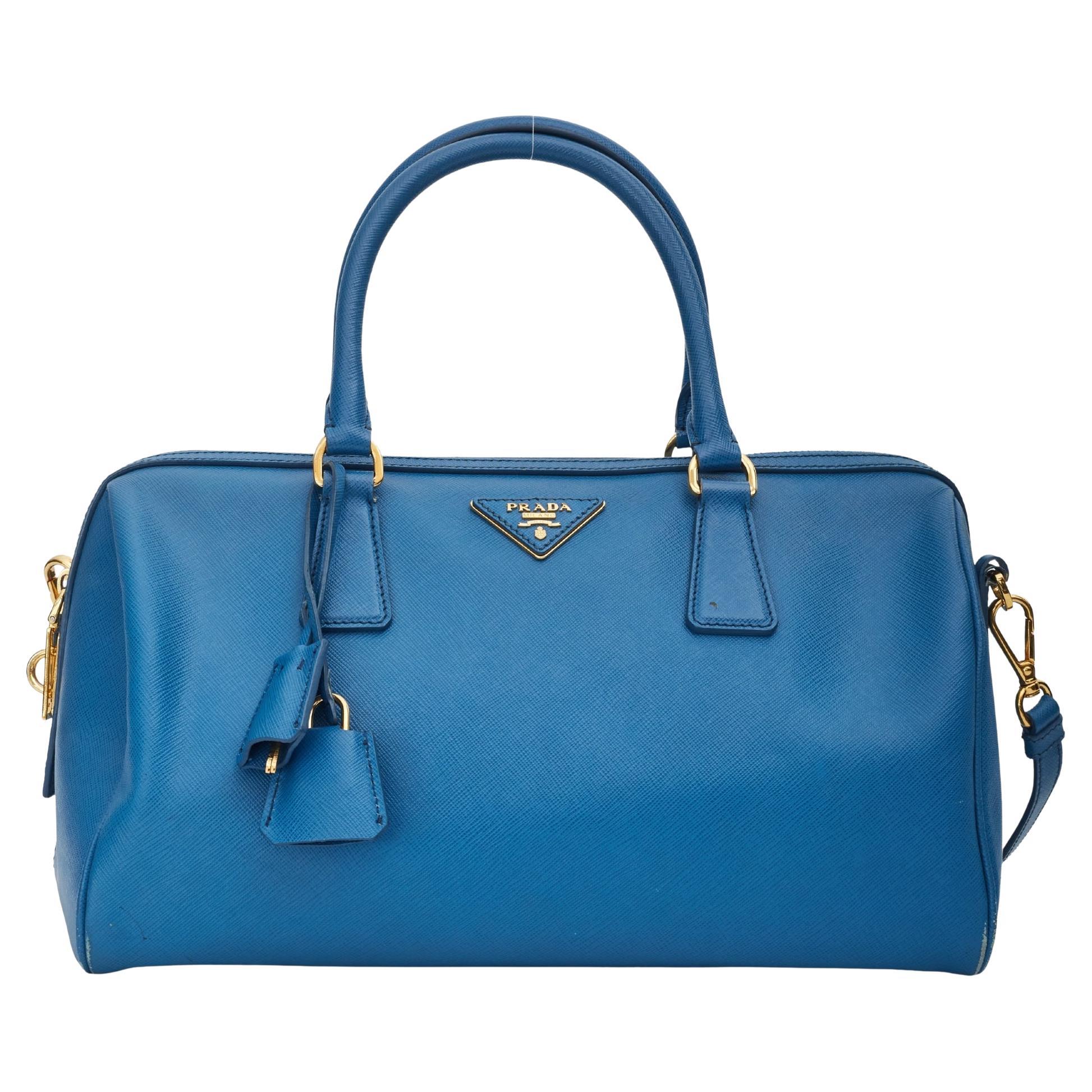 Prada Saffiano Leather Blue Bauletto Boston Bag Round For Sale