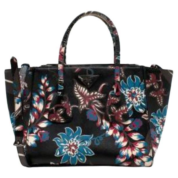 Prada Saffiano Leather Floral Print Tote Bag For Sale