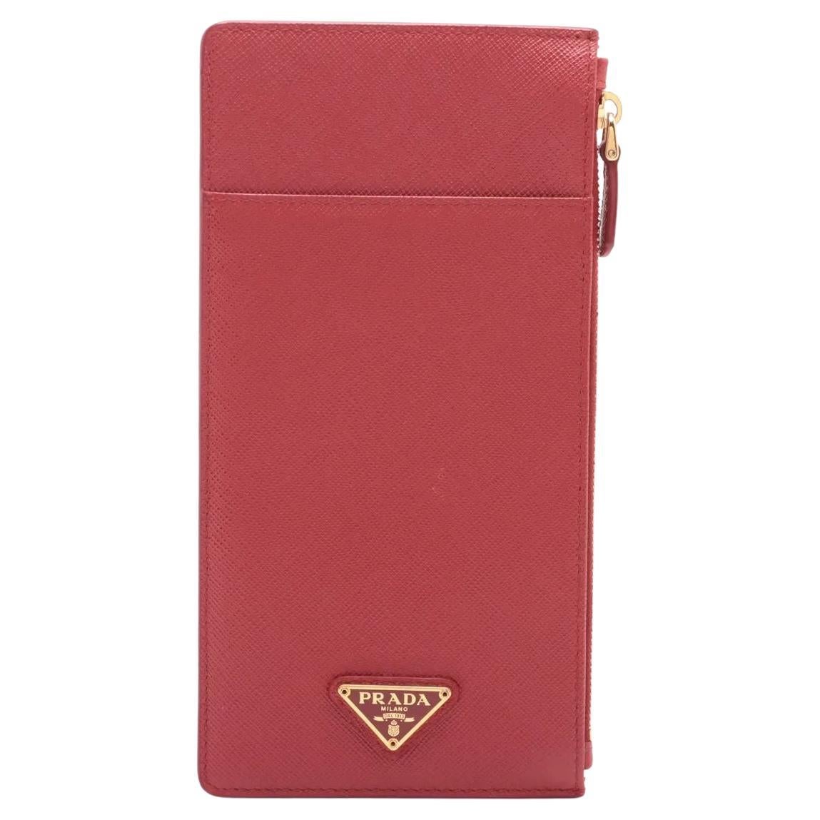 Prada Saffiano Leder lange Münzkarte Brieftasche Rot im Angebot