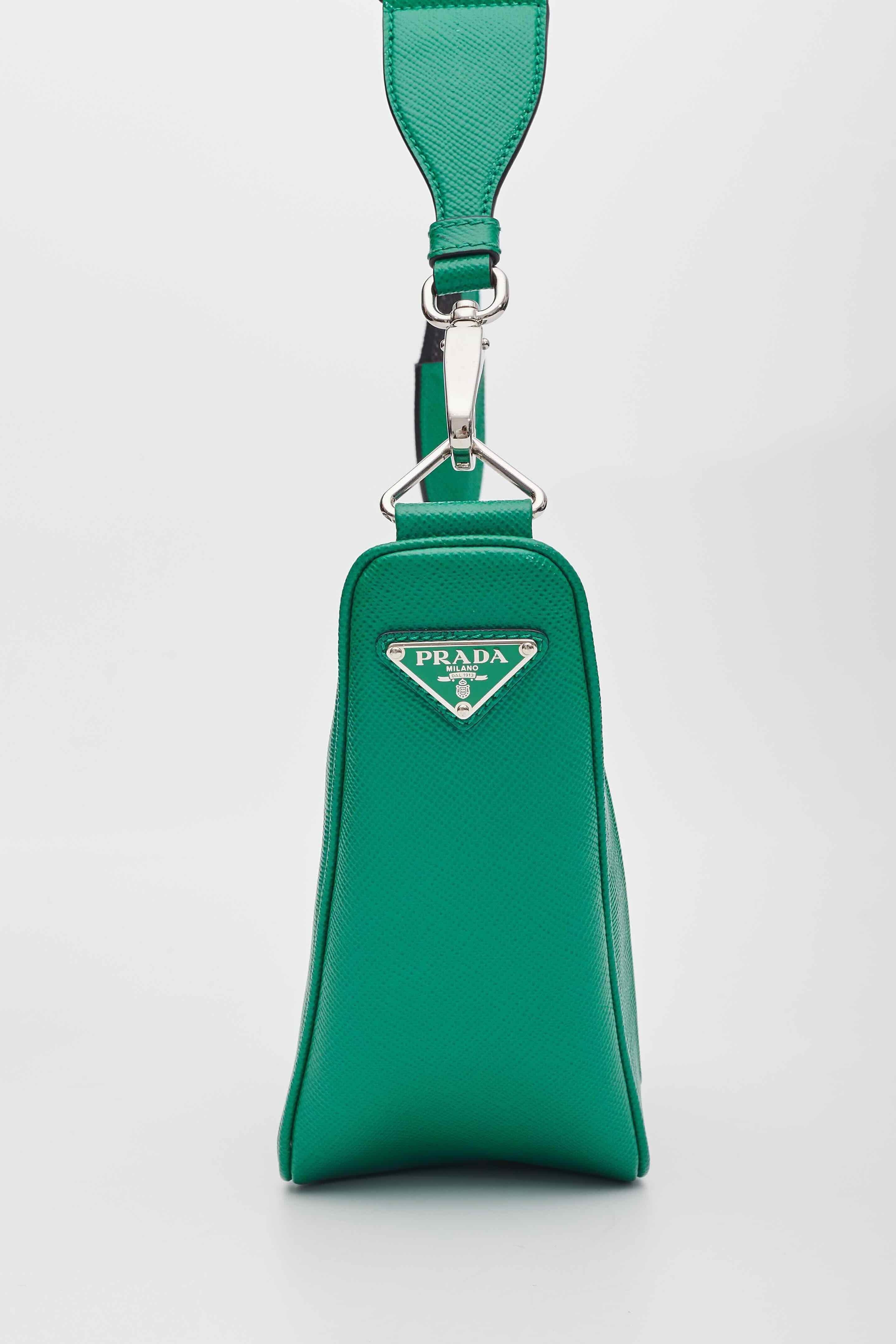 Women's Prada Saffiano Leather Mango Green Triangle Logo Pouch Bag For Sale