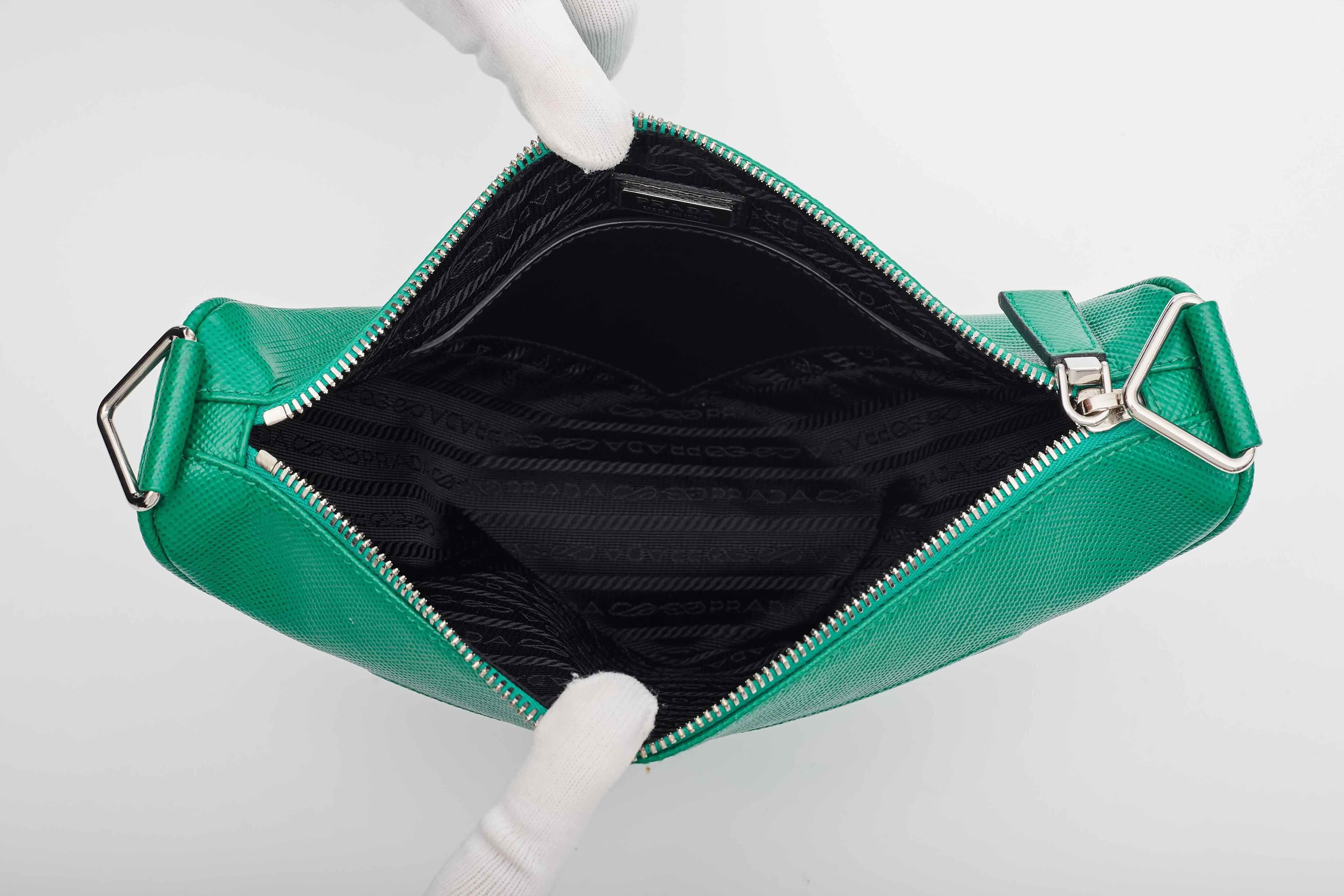 Prada Saffiano Leather Mango Green Triangle Logo Pouch Bag For Sale 2