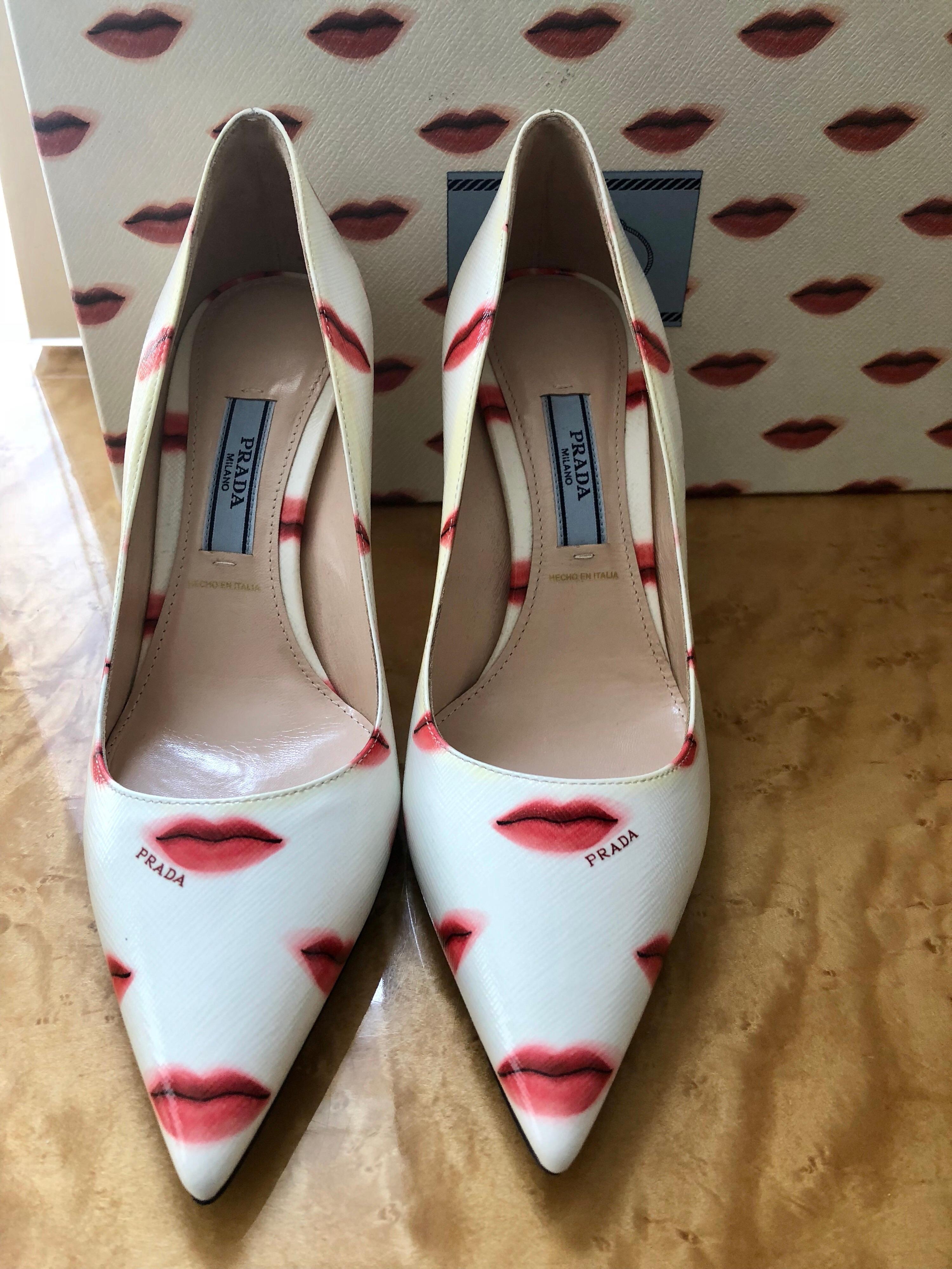 White Prada Saffiano Leather Red Ivory Lip Point Toe Pumps Heels Shoes For Sale