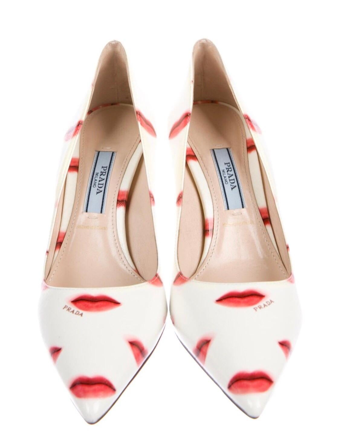 Prada Saffiano Leather Red Ivory Lip Point Toe Pumps Heels Shoes For Sale 2