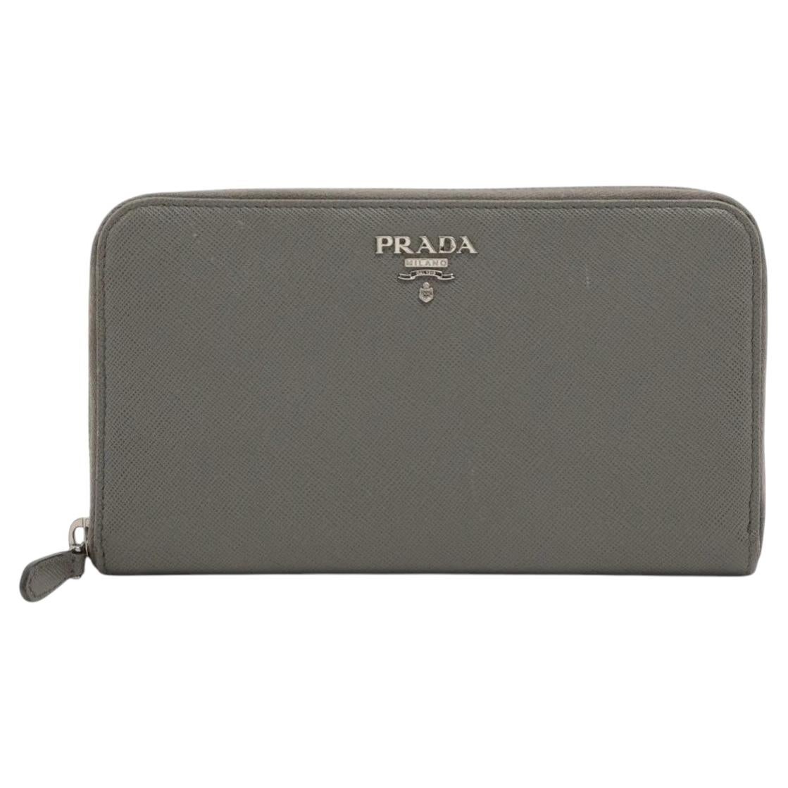 Prada Saffiano Leather Zip Round Wallet Gray For Sale