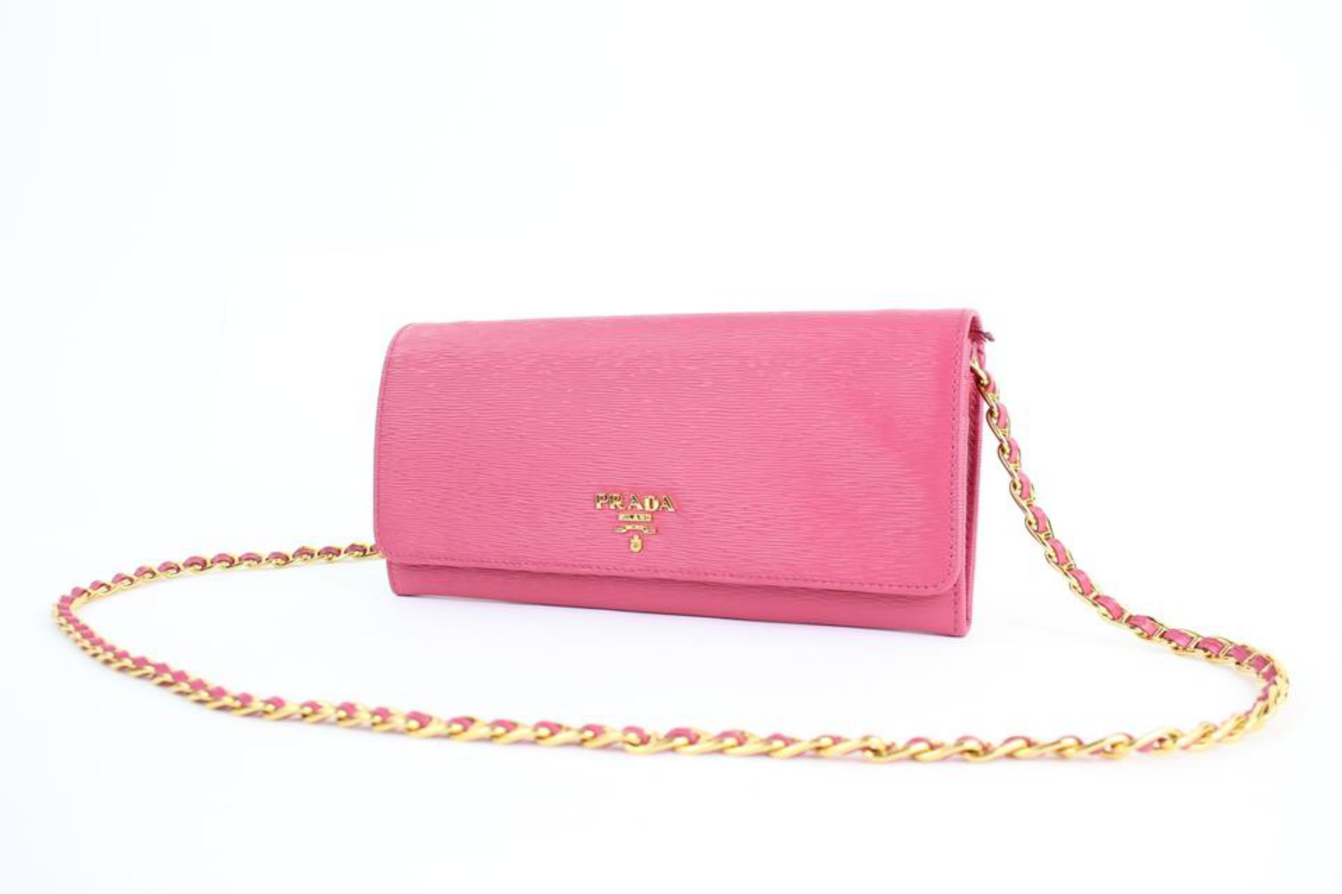 Prada Saffiano Metal Wallet On Chain Clutch 4pt916 Pink Leather Cross Body Bag For Sale 4