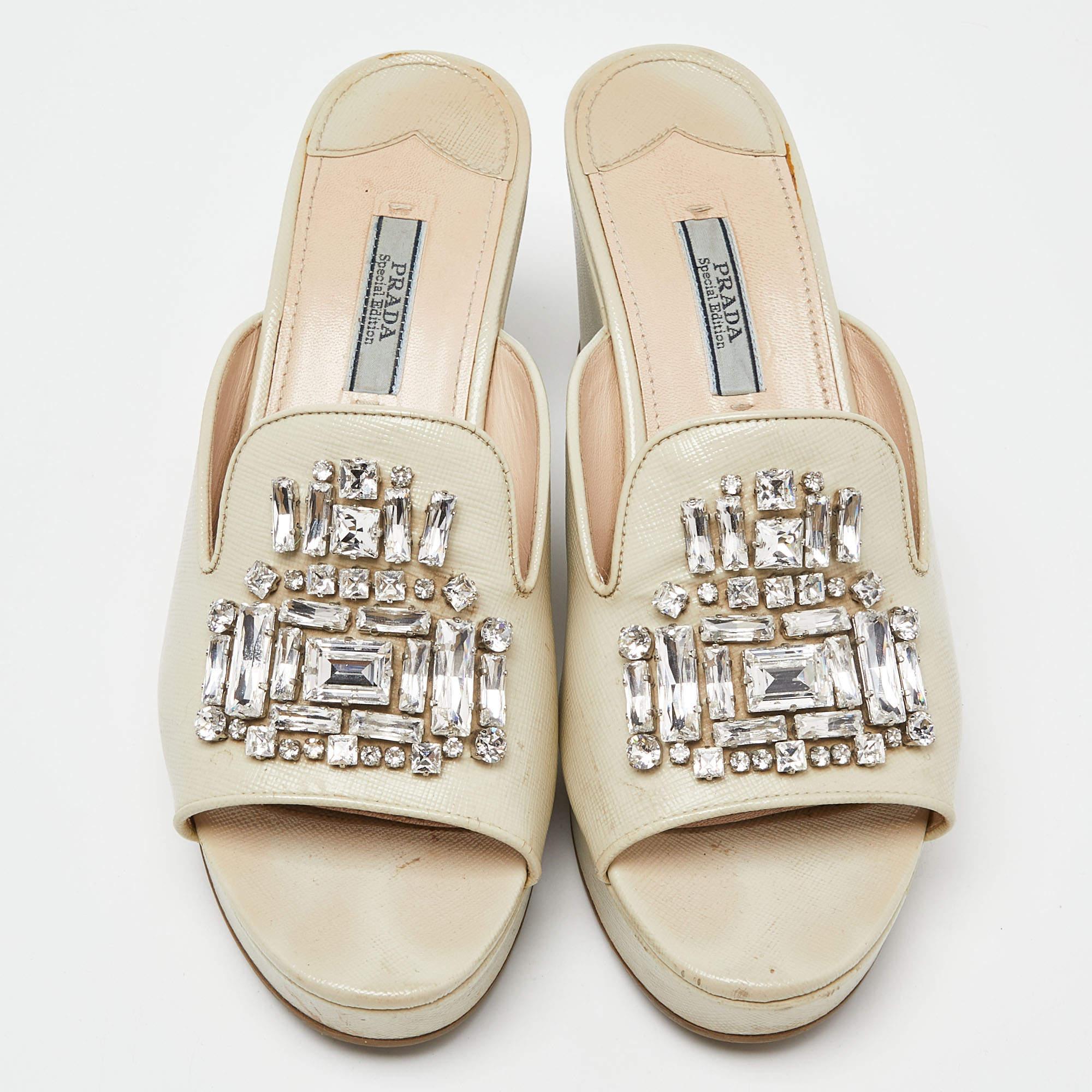 Beige Prada Saffiano Patent Leather Crystal Embellished Platform Wedge Sandals Size 38