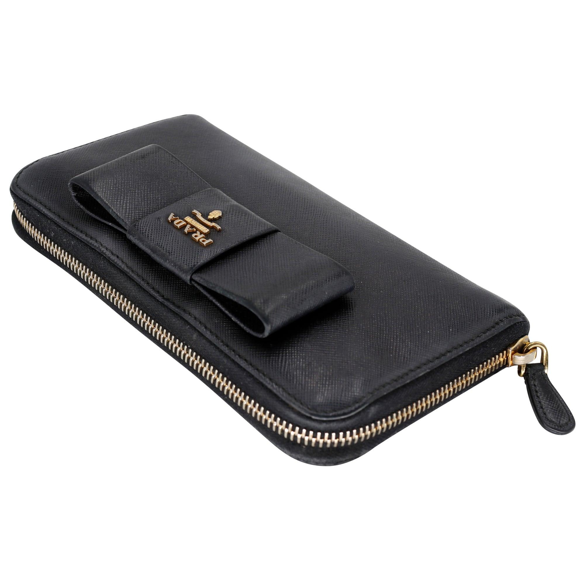 Women's Prada Saffiano Peonia Fiocco Bow Zip Around Black Wallet PR-W1005P-A004 For Sale