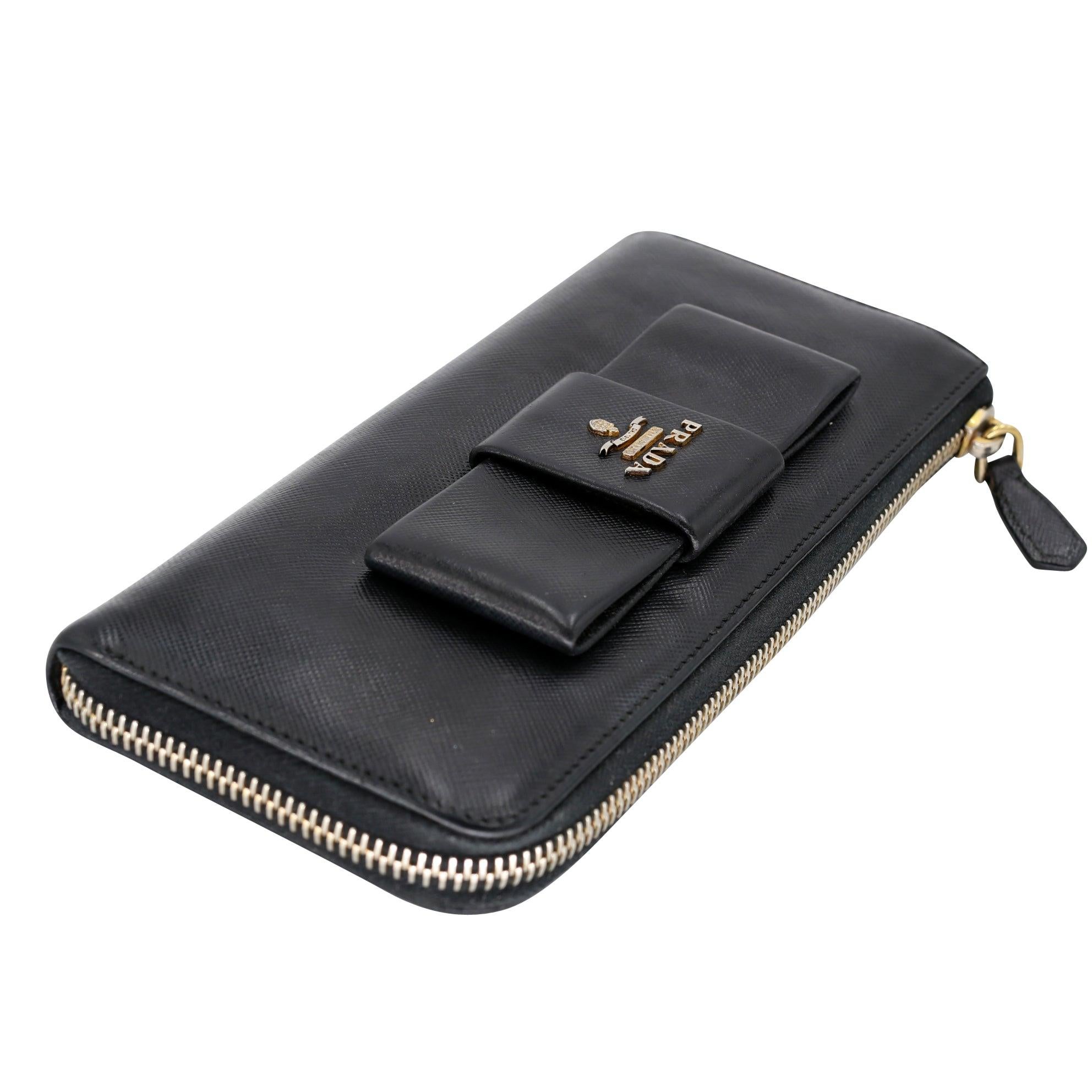 Women's Prada Saffiano Peonia Fiocco Bow Zip Around Black Wallet PR-W1017P-A002 For Sale