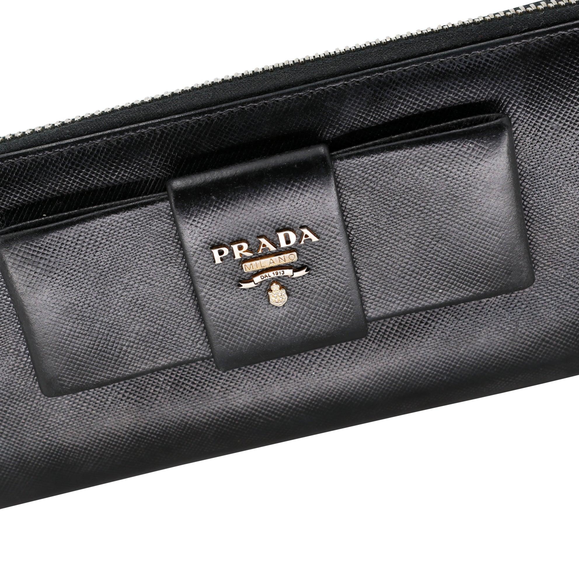 Prada Saffiano Peonia Fiocco Bow Zip Around Black Wallet PR-W1017P-A002 For Sale 2