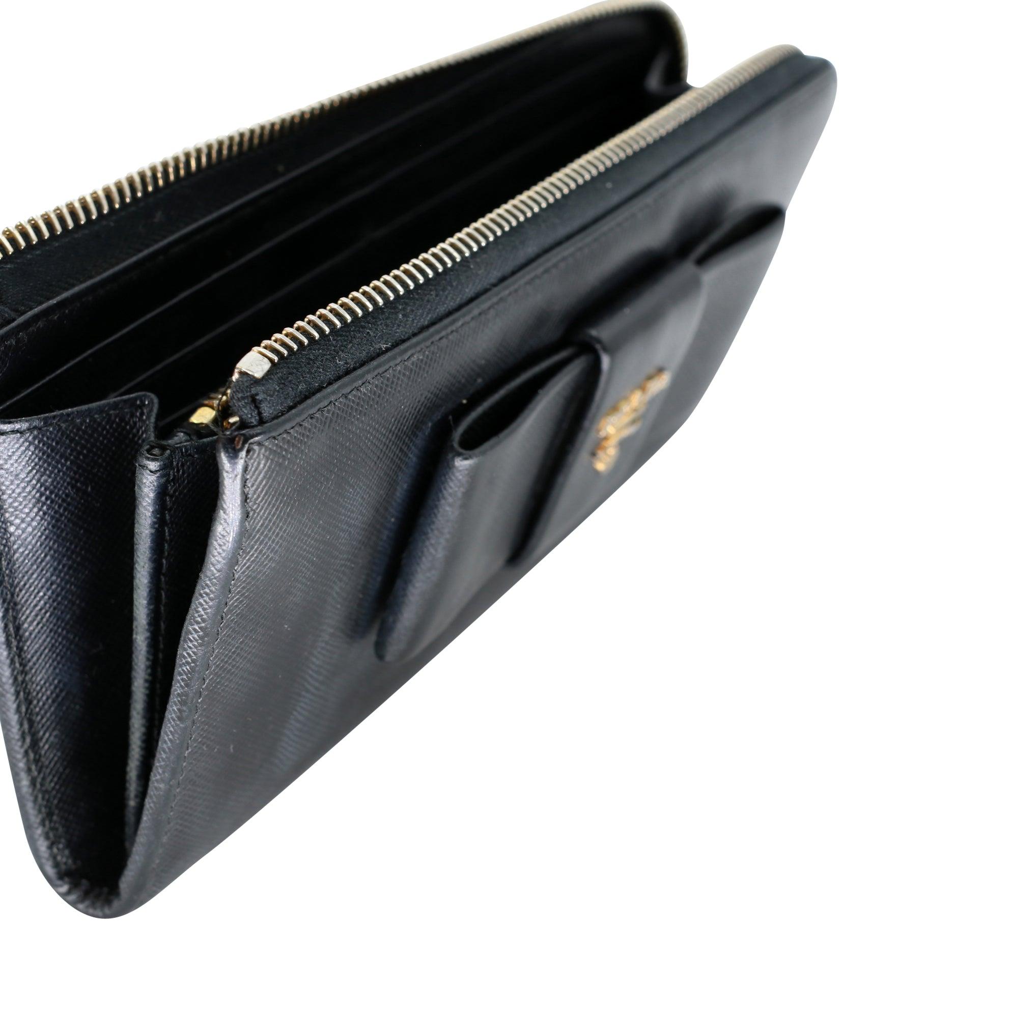 Prada Saffiano Peonia Fiocco Bow Zip Around Black Wallet PR-W1017P-A002 For Sale 3