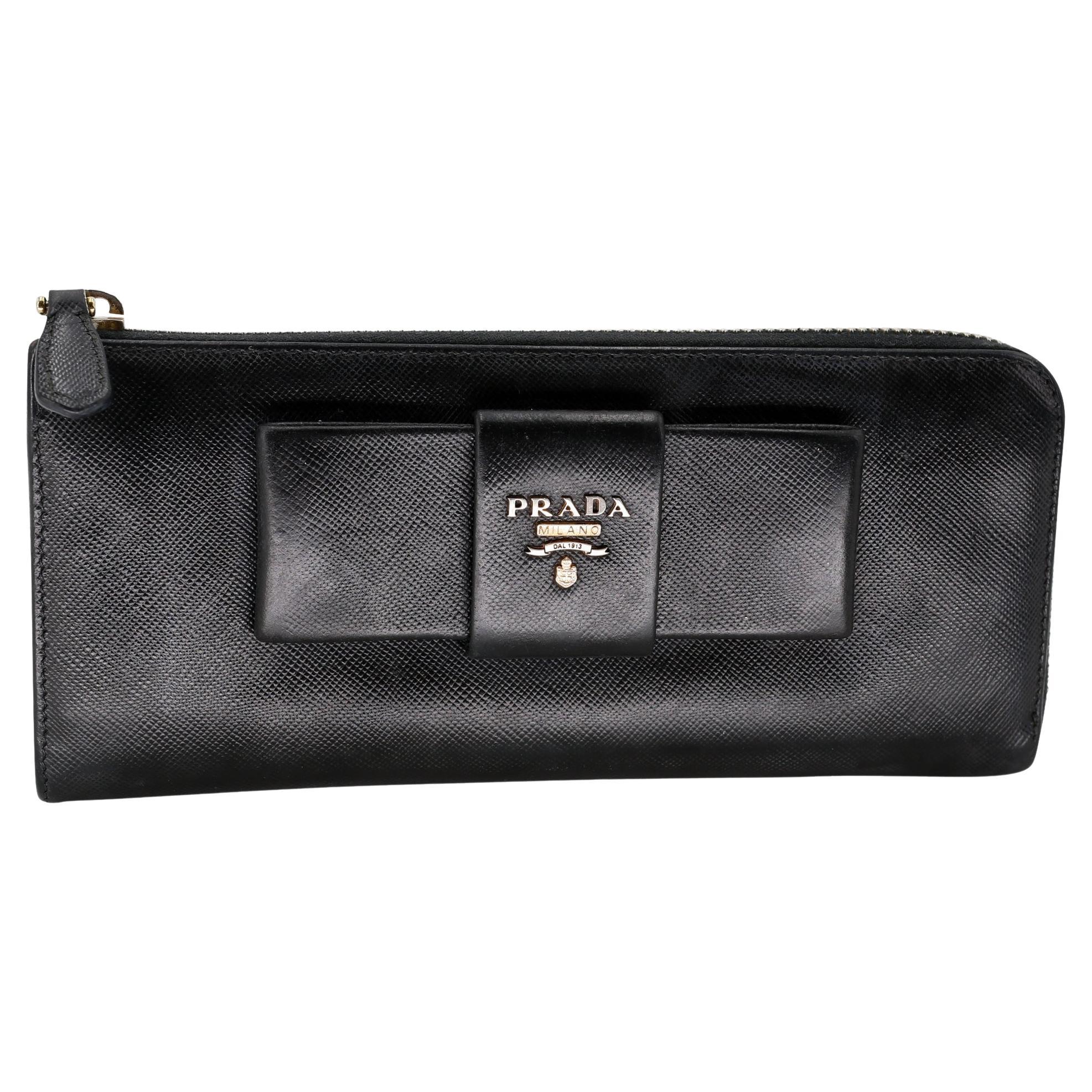Prada Saffiano Peonia Fiocco Bow Zip Around Black Wallet PR-W1017P-A002 For Sale