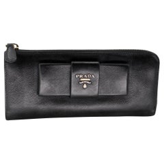 Prada Saffiano Peonia Fiocco Bow Zip Around Black Wallet PR-W1017P-A002