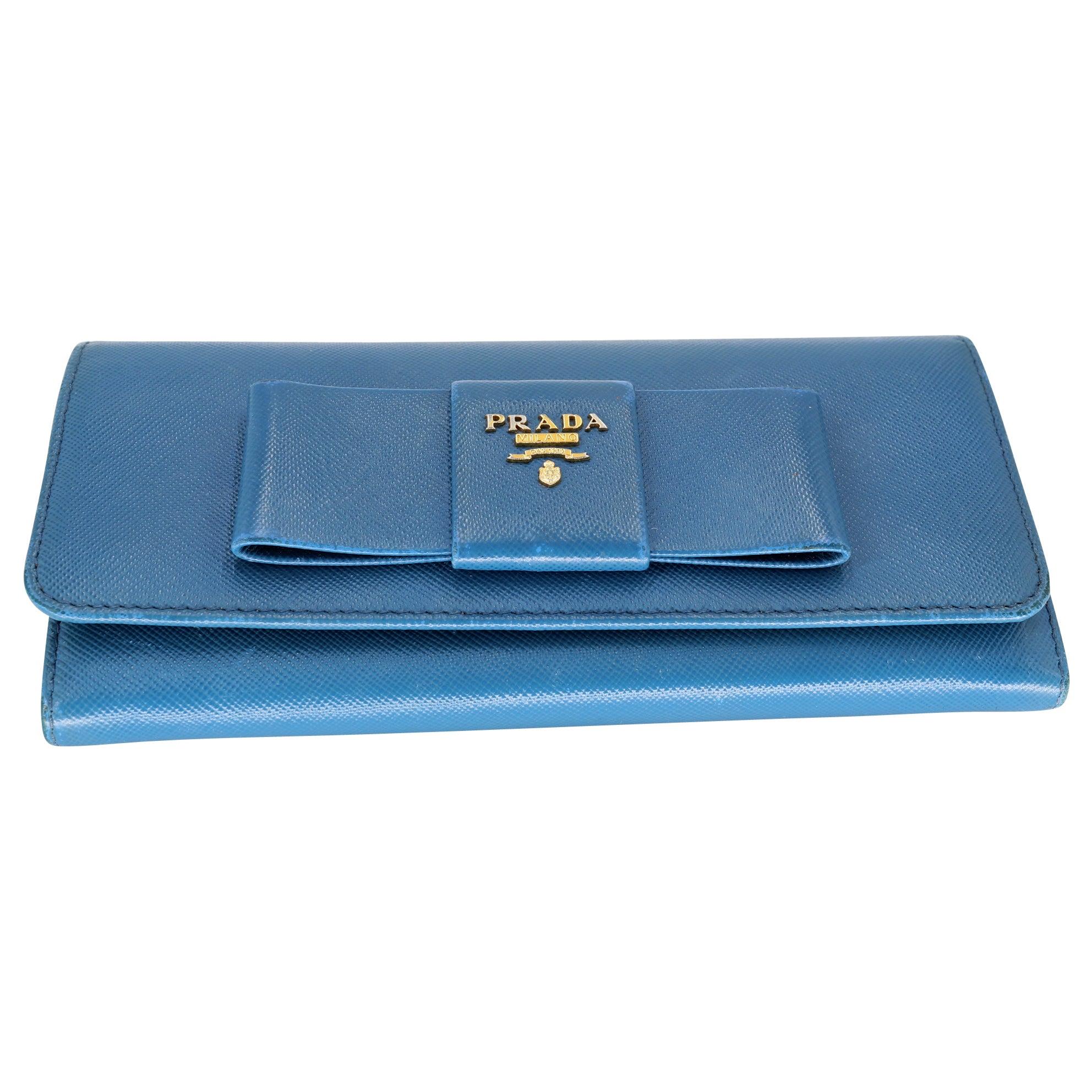 Blue Prada Saffiano Peonia Fiocco Bow Zip Around Wallet PR-W1005P-A002 For Sale