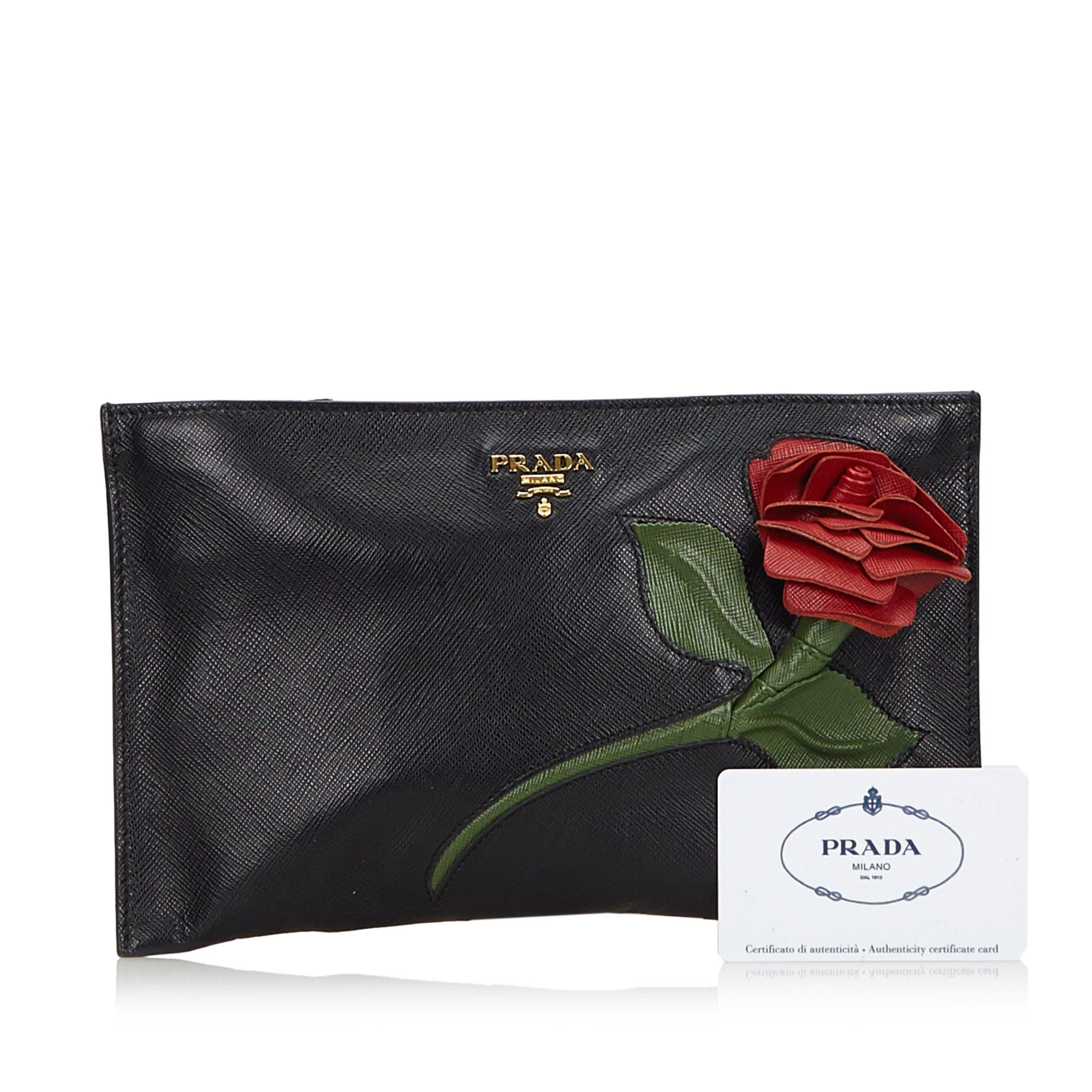 Prada Saffiano Rose Applique Leather Clutch Bag 3