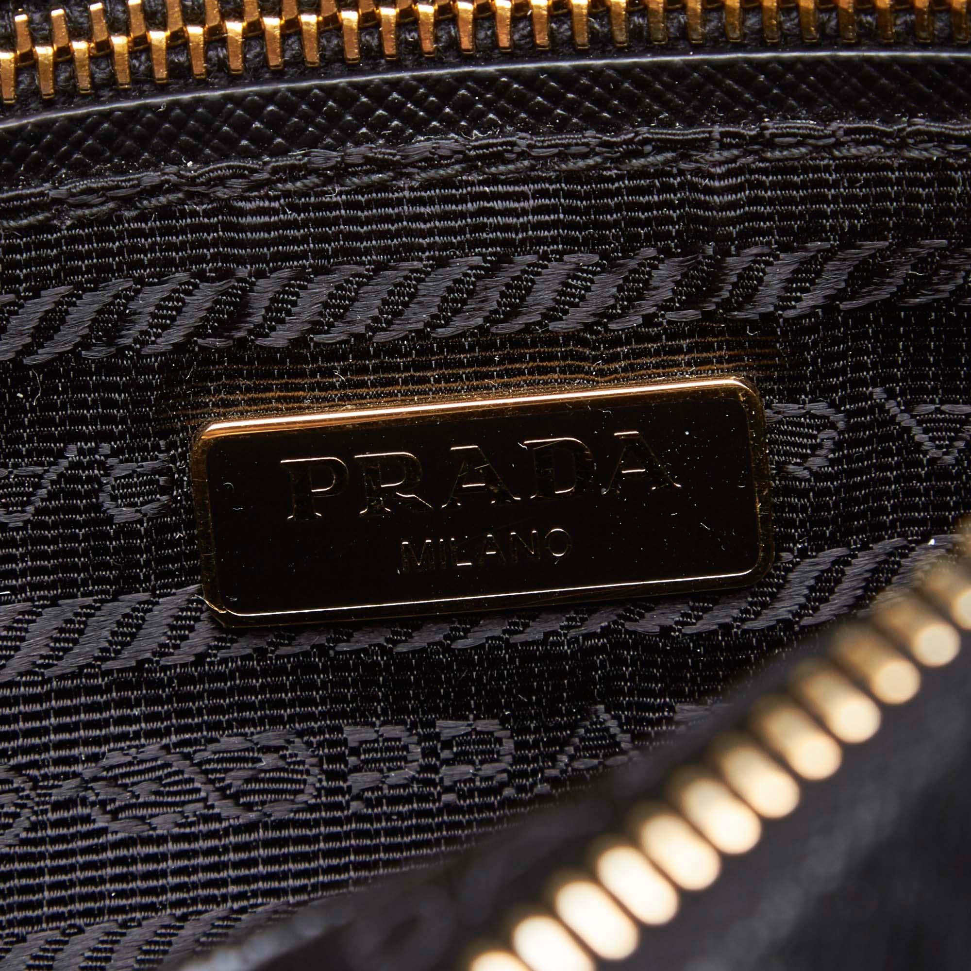 Black Prada Saffiano Rose Applique Leather Clutch Bag