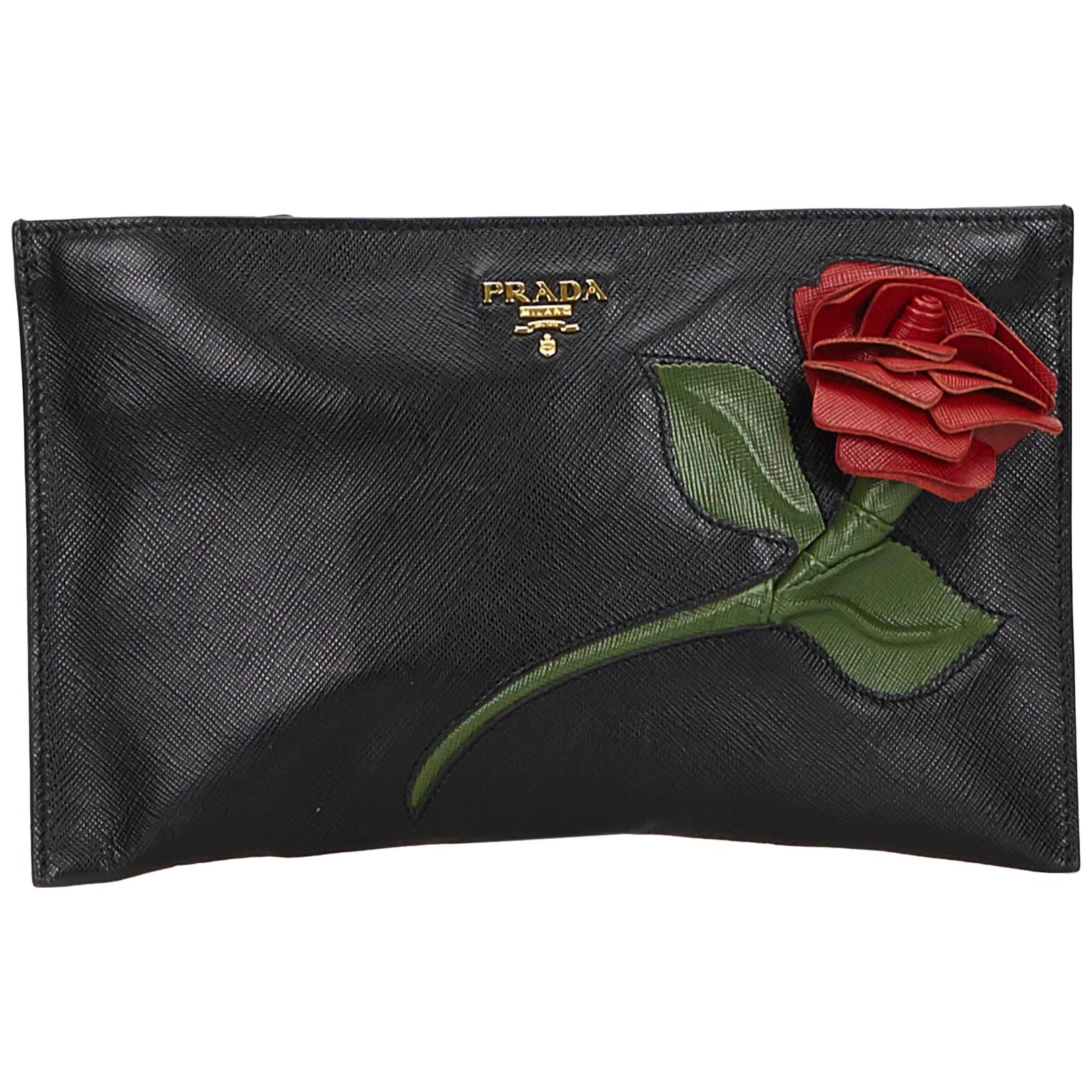 Prada Saffiano Rose Applique Leather Clutch Bag