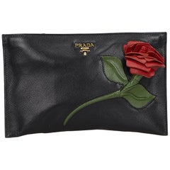 Prada Saffiano Rose Applique Leather Clutch Bag