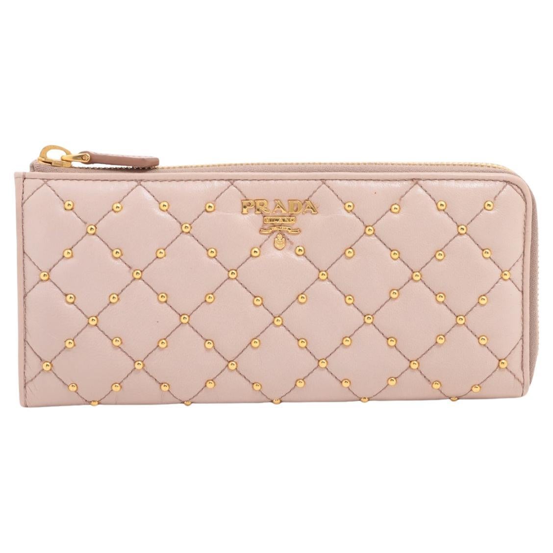 Prada Saffiano Studded Zippy Wallet Beige