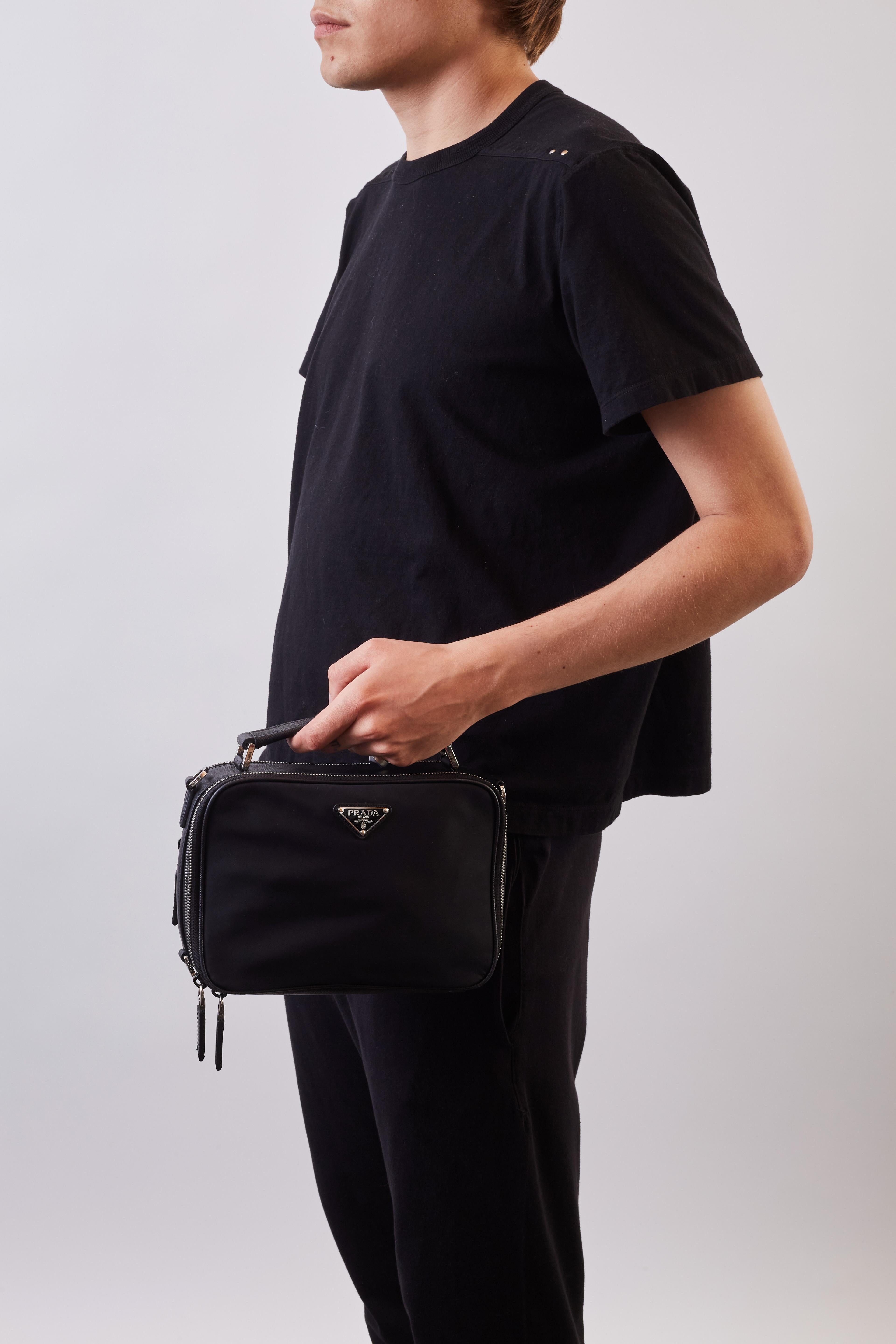 Black Prada Saffiano Trimmed Tessuto Brique Crossbody Bag