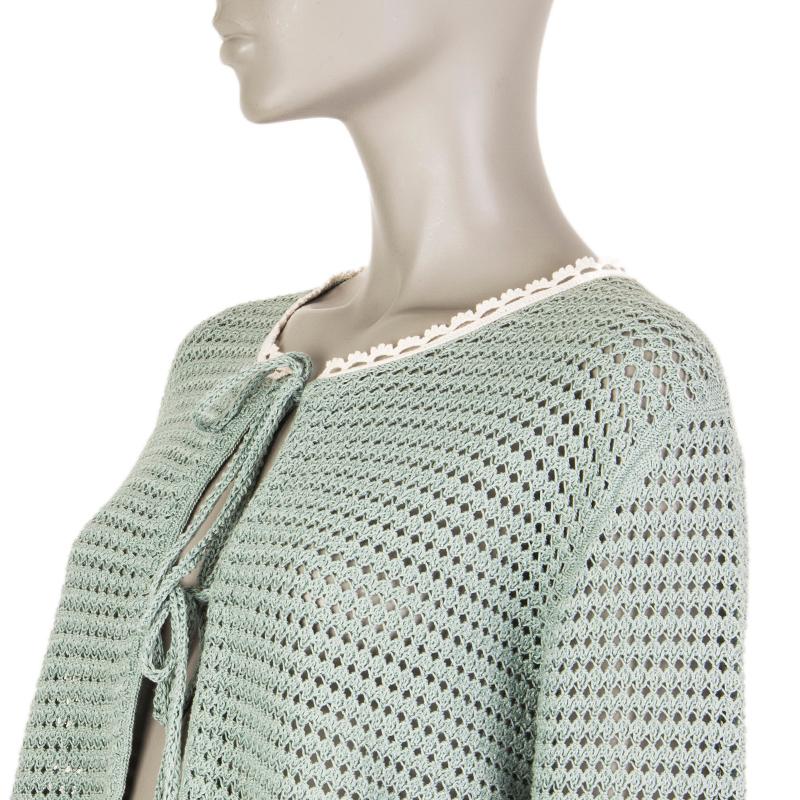Gray PRADA sage green cotton EMBELLISHED HEM CROCHET Cardigan Sweater 42 M For Sale