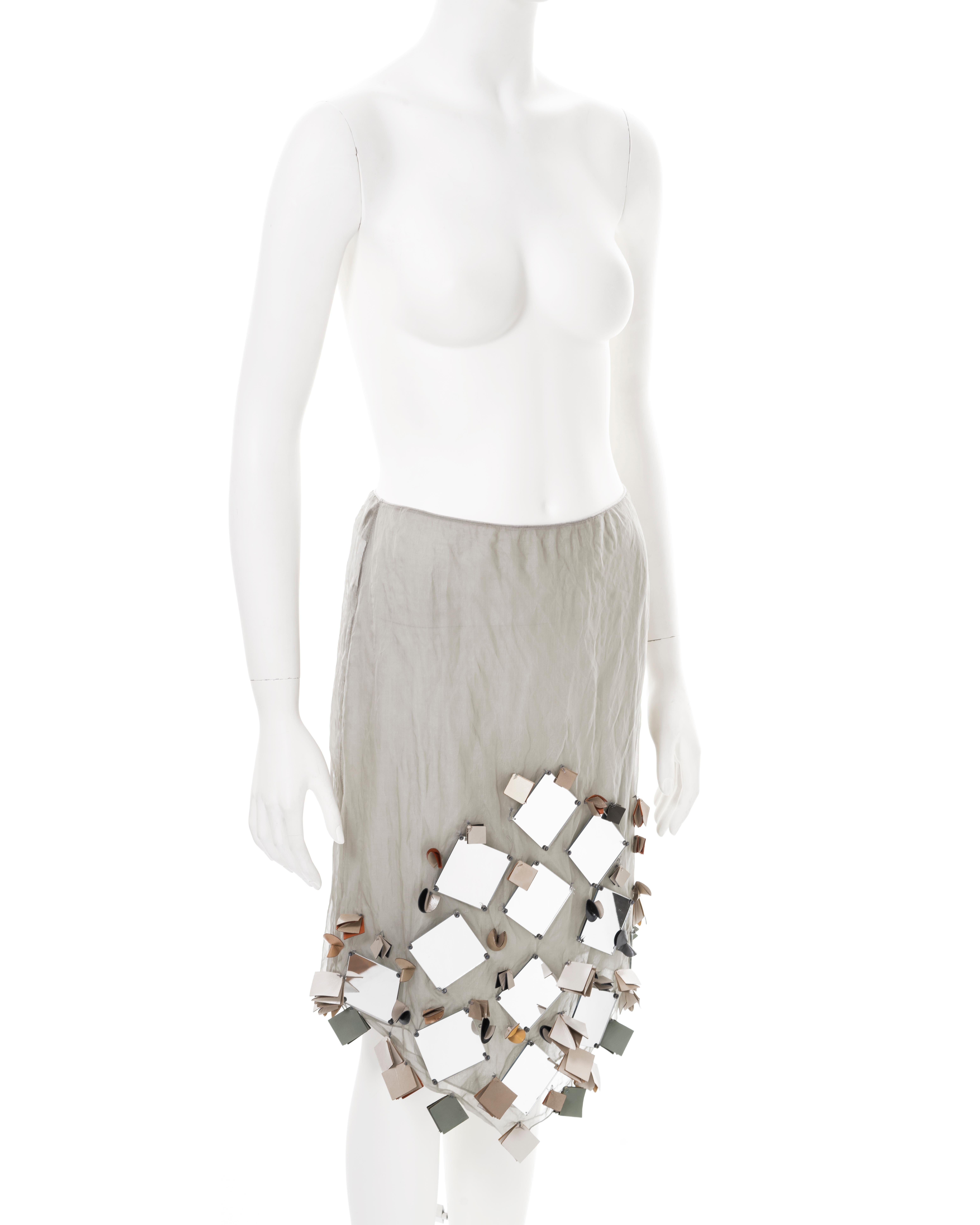 Prada sage silk lamé skirt with mirror and leather adornments, ss 1999 In Excellent Condition In London, GB