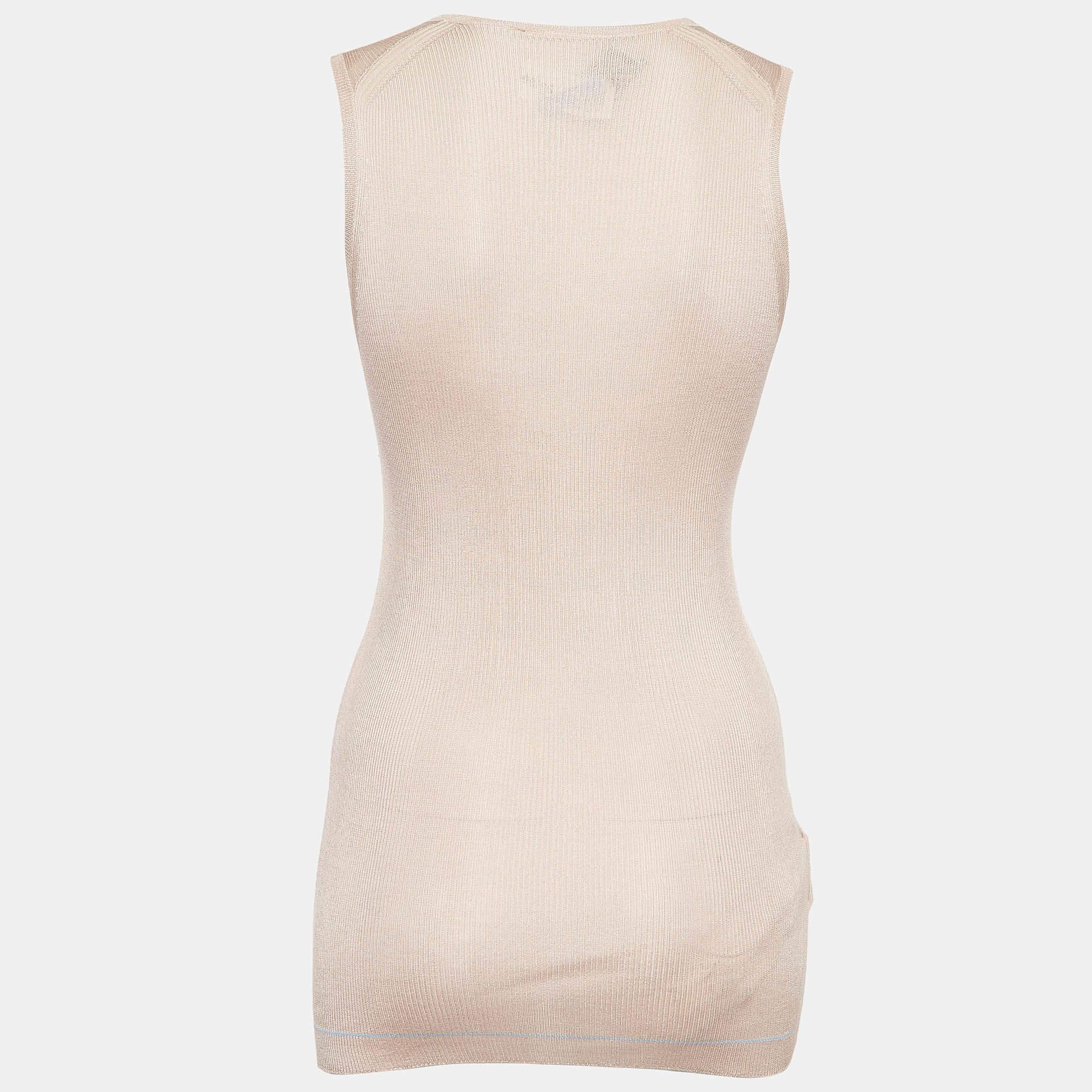 Crafted from luxurious sand brown silk  this Prada knit tank top offers a sophisticated blend of comfort and style. The soft  lightweight fabric drapes beautifully  making it perfect for both casual and elegant occasions. Its timeless design and