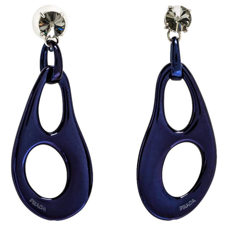 Prada Sculpted Crystal Blue Tone Drop Earrings