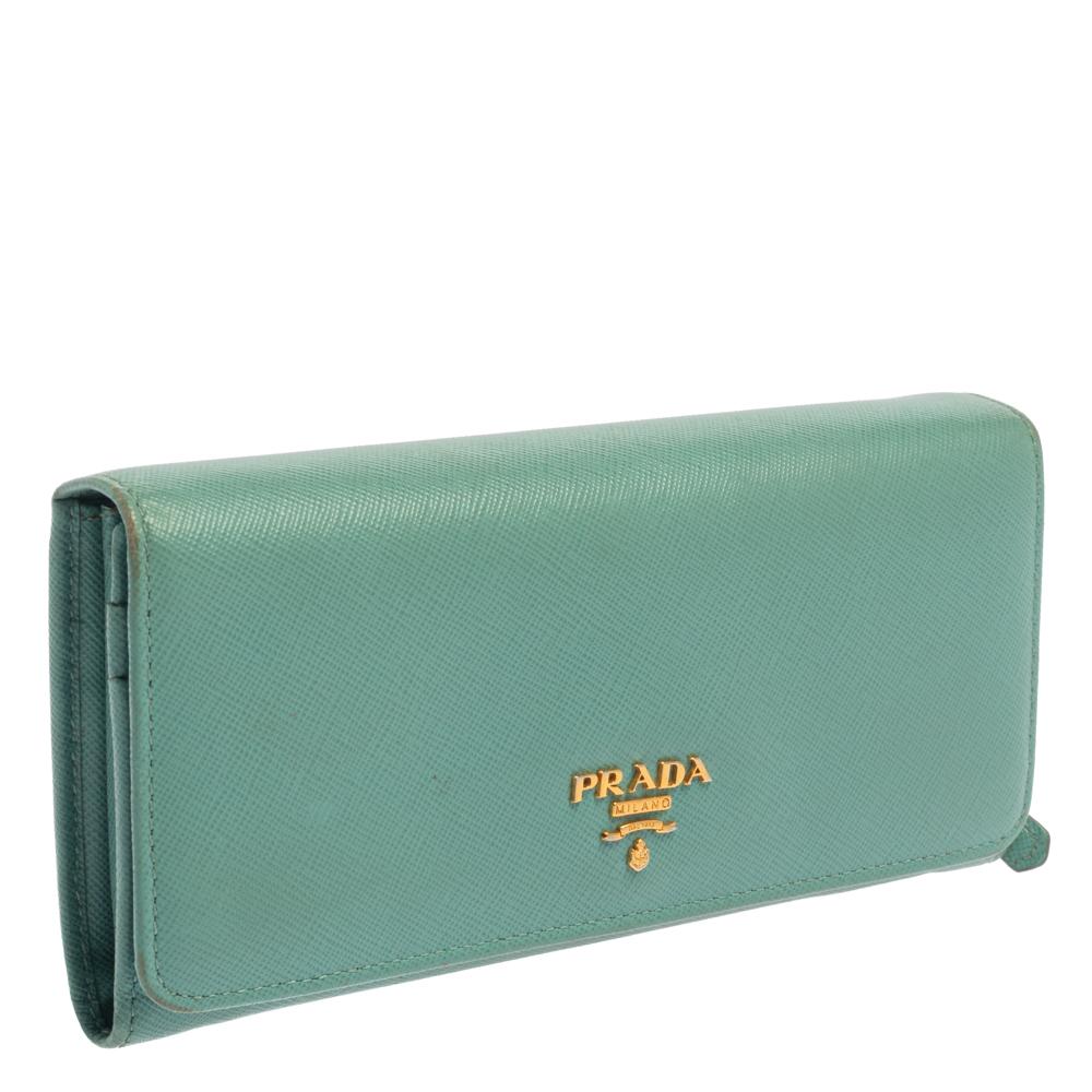 Prada Sea Green Saffiano Lux Leather Continental Flap Wallet In Good Condition In Dubai, Al Qouz 2