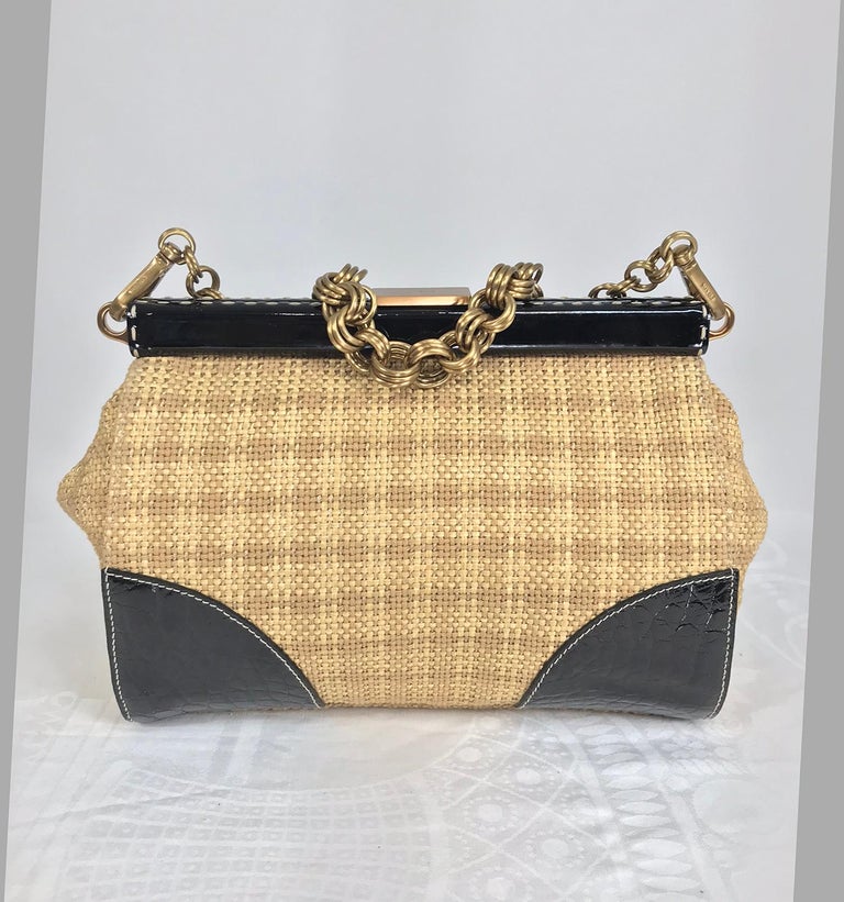 Prada Semitracolla Paglia Frame Handbag In Black Patent and Croc ...