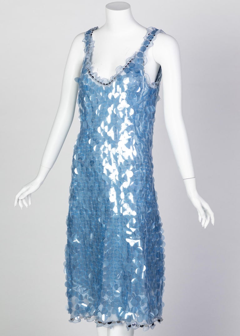 Prada Shimmering Blue Silk Paillette Plunge Back Dress, 2012 In Excellent Condition In Boca Raton, FL