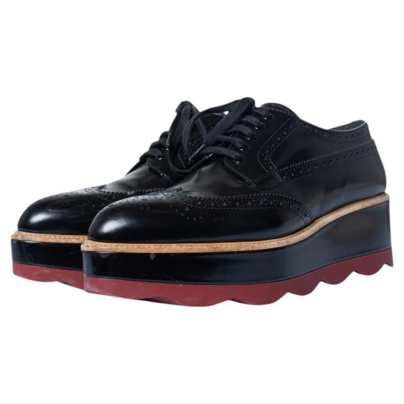 Pre-owned Prada , Shiny Leather Broque Platform Sneakers In Black