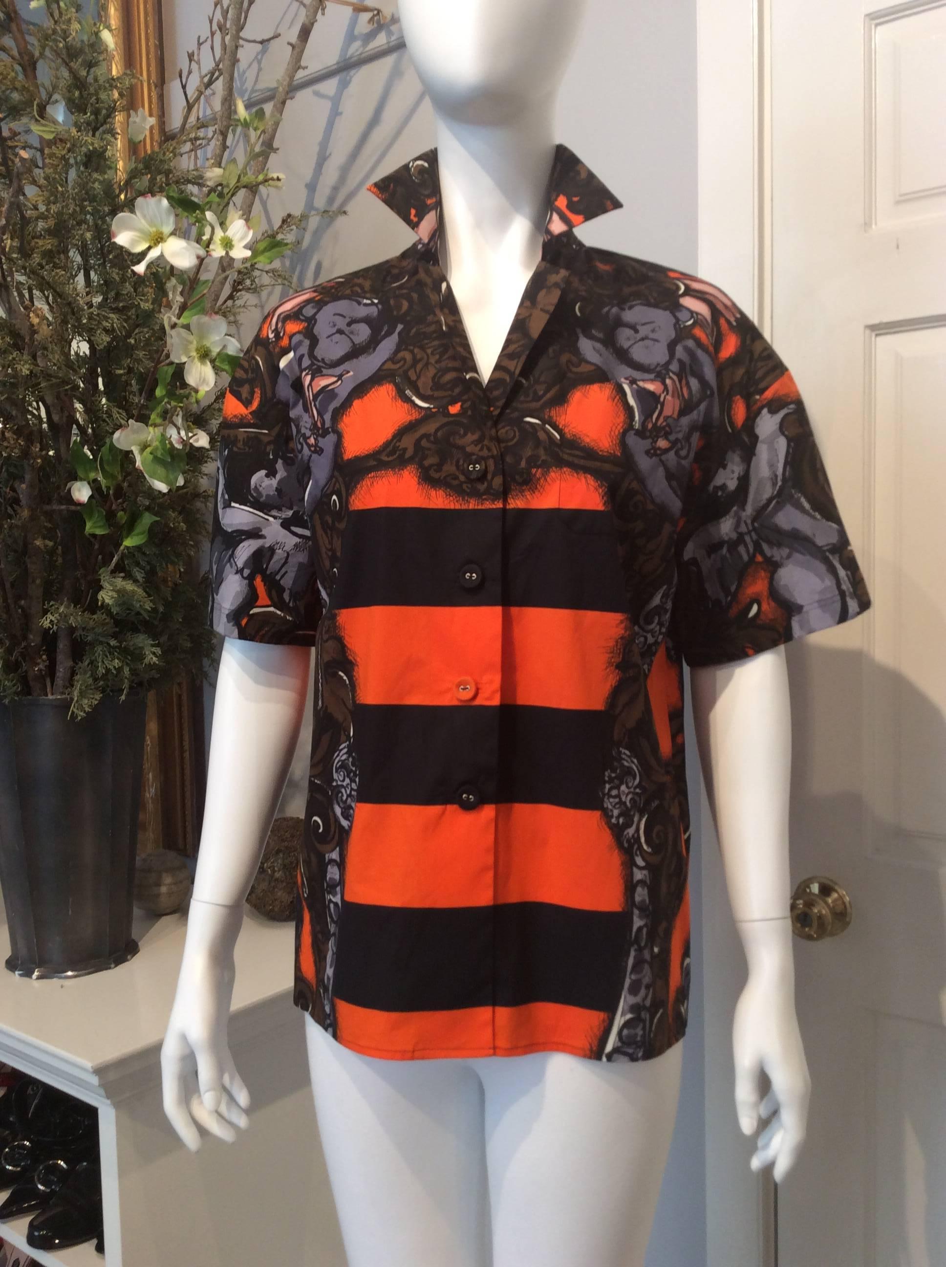 Women's Prada Short Sleeved Oversized Buttondown Orange Black Monkey Shirt Sz38 (Us2)