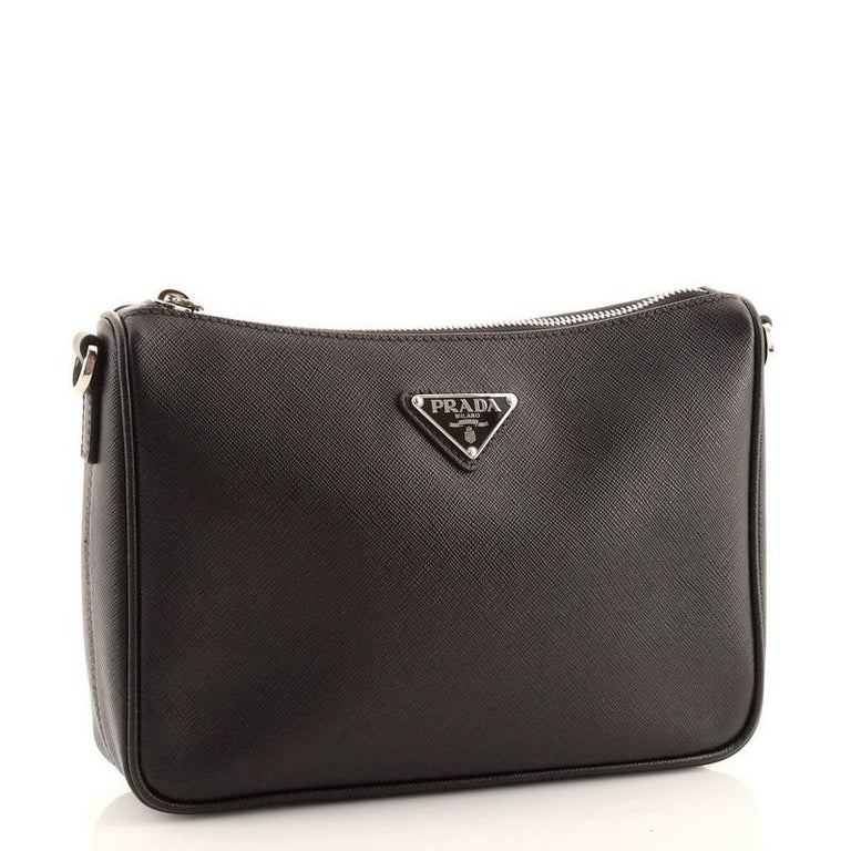 Black Prada Shoulder Bag with Utility Strap Saffiano Leather Small