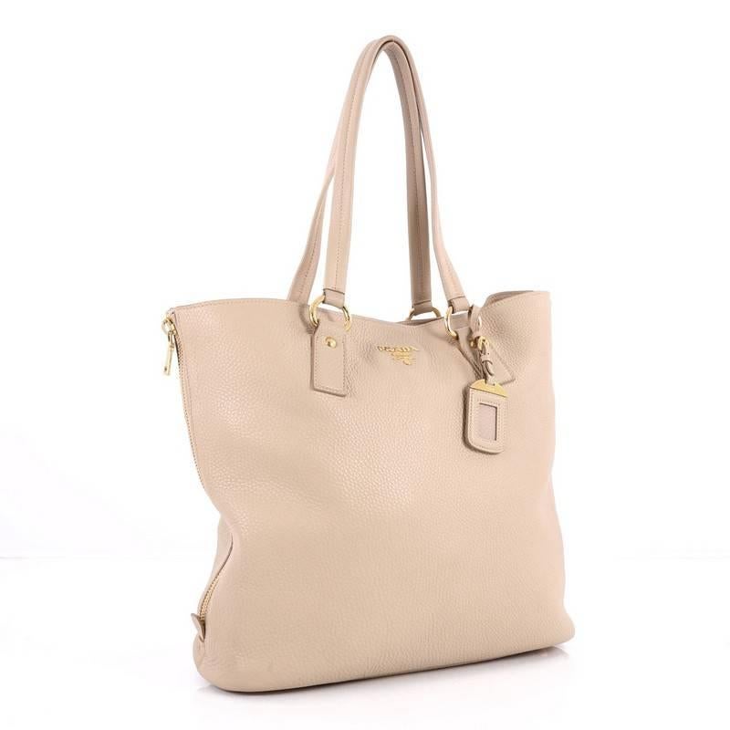 Beige Prada Side Zip Convertible Shopper Tote Cervo Leather Large