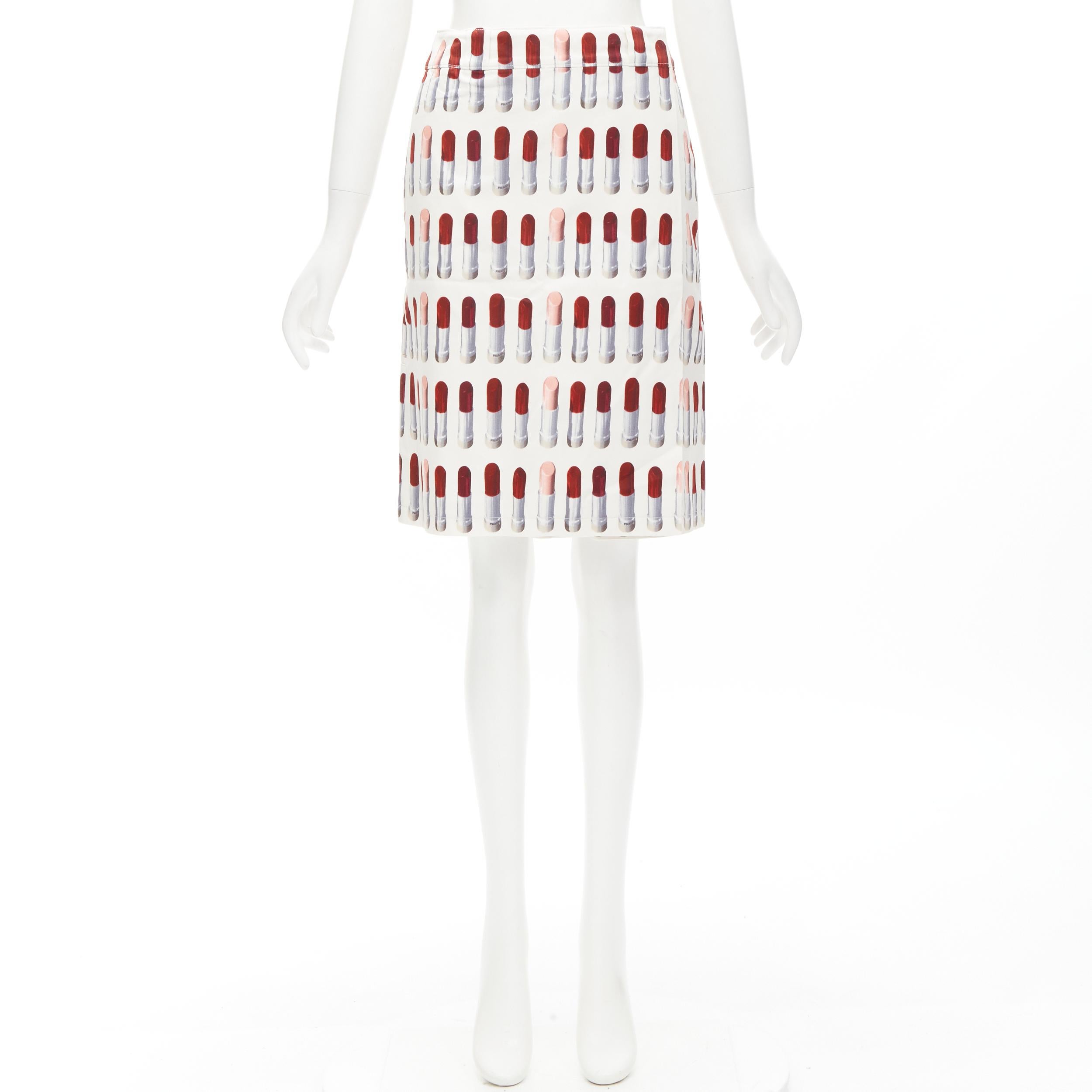 PRADA Signature Red Lipstick print white wrap front knee length skirt S 6