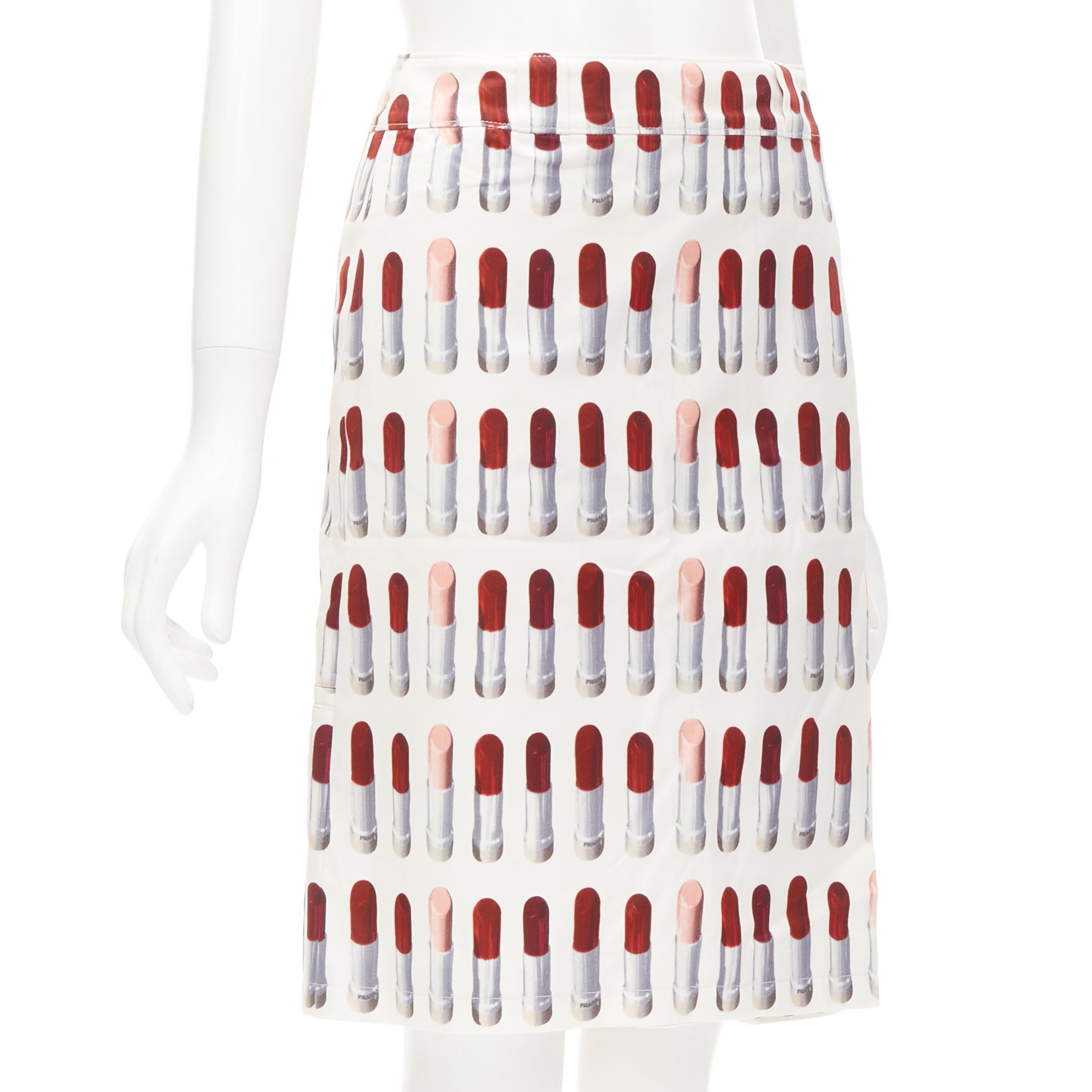 PRADA Signature Red Lipstick print white wrap front knee length skirt S In Excellent Condition In Hong Kong, NT